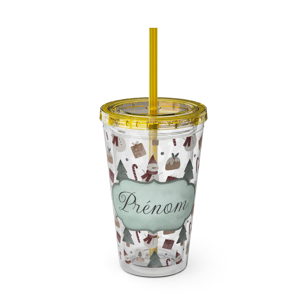 TUMBLER PERSONNALISABLE | Gourde Motif Noël avec ton prénom | Gobelet avec paille - 450 ml (16 oz)