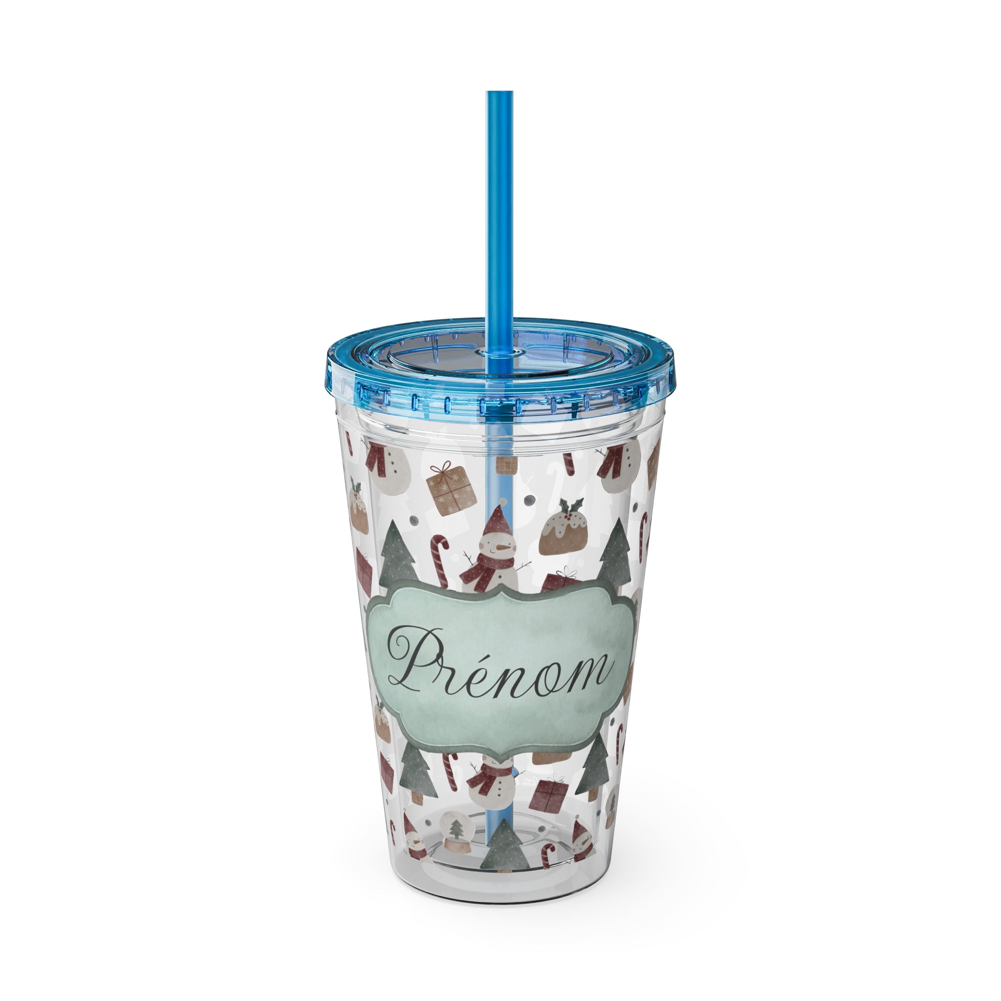TUMBLER PERSONNALISABLE | Gourde Motif Noël avec ton prénom | Gobelet avec paille - 450 ml (16 oz)