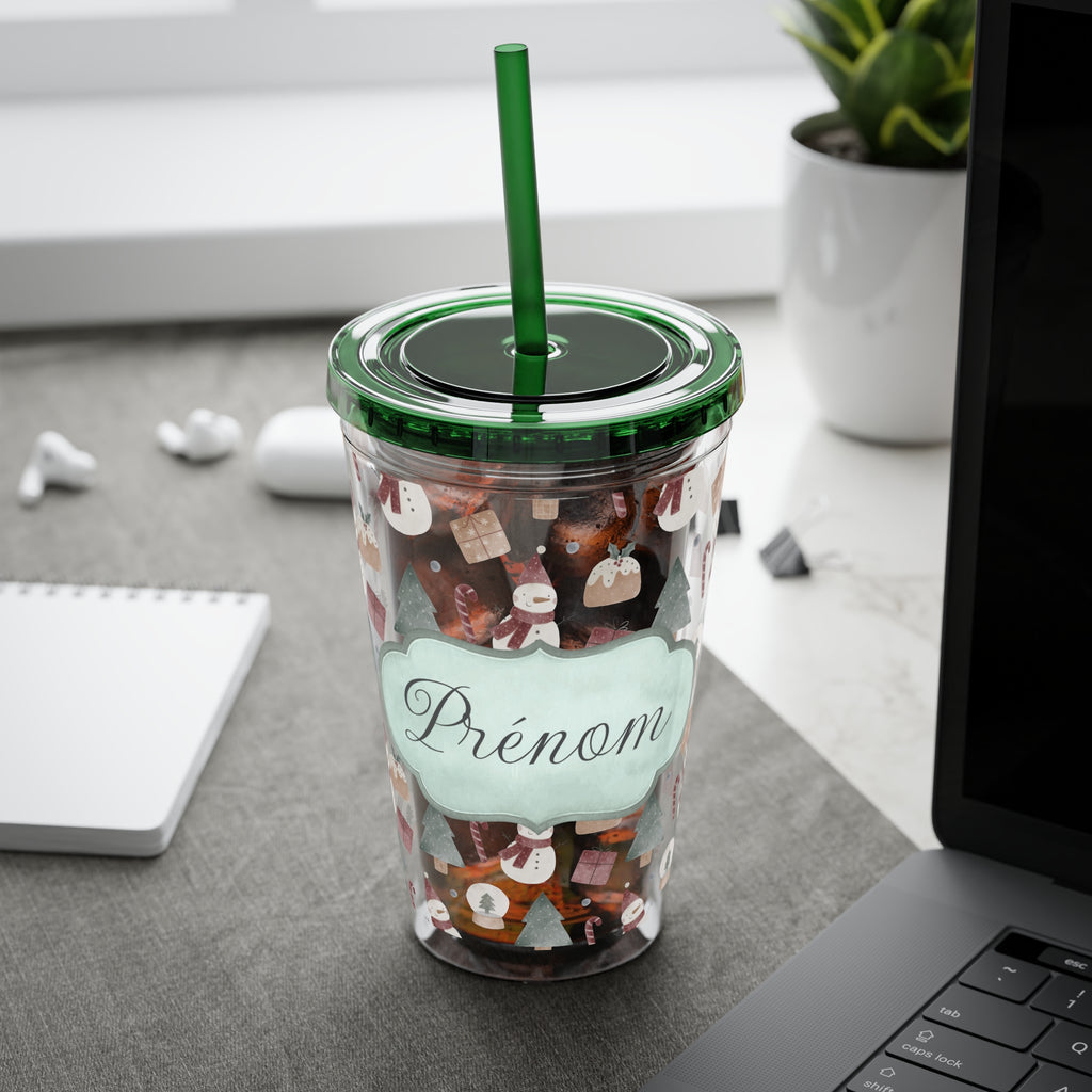 TUMBLER PERSONNALISABLE | Gourde Motif Noël avec ton prénom | Gobelet avec paille - 450 ml (16 oz)