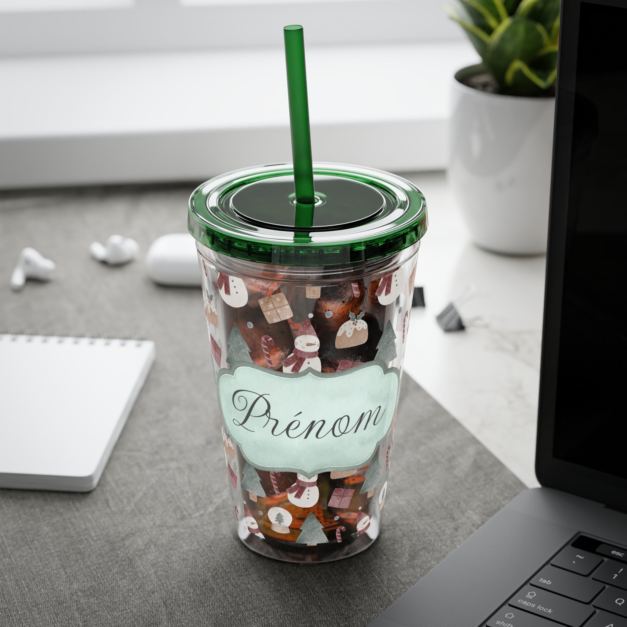 TUMBLER PERSONNALISABLE | Gourde Motif Noël avec ton prénom | Gobelet avec paille - 450 ml (16 oz)