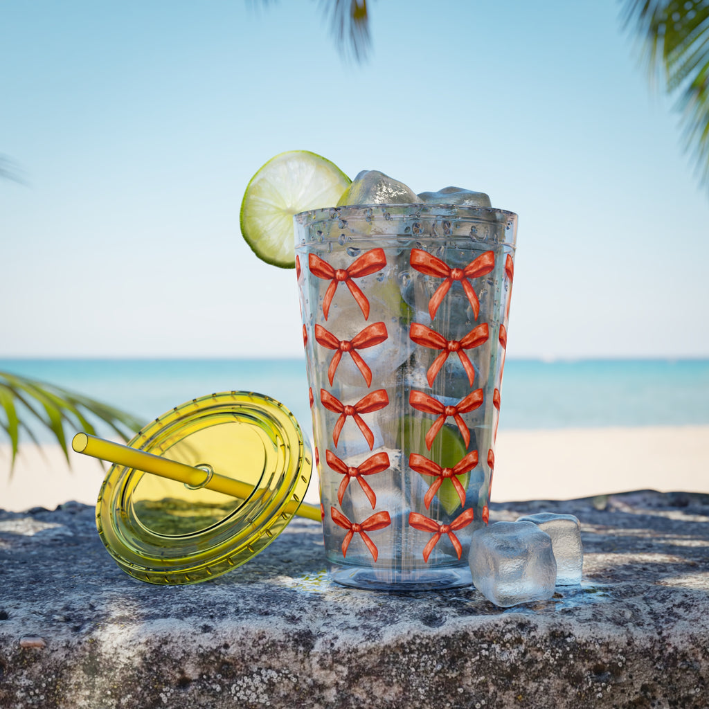 TUMBLER NOEUDS ROUGES | Gourde Motif Noeuds Rouges | Gobelet avec paille - 450 ml (16 oz)