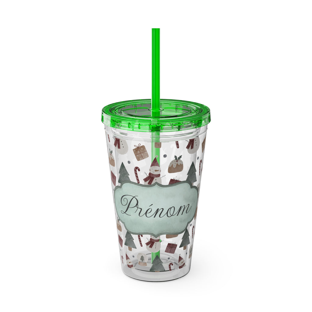 TUMBLER PERSONNALISABLE | Gourde Motif Noël avec ton prénom | Gobelet avec paille - 450 ml (16 oz)