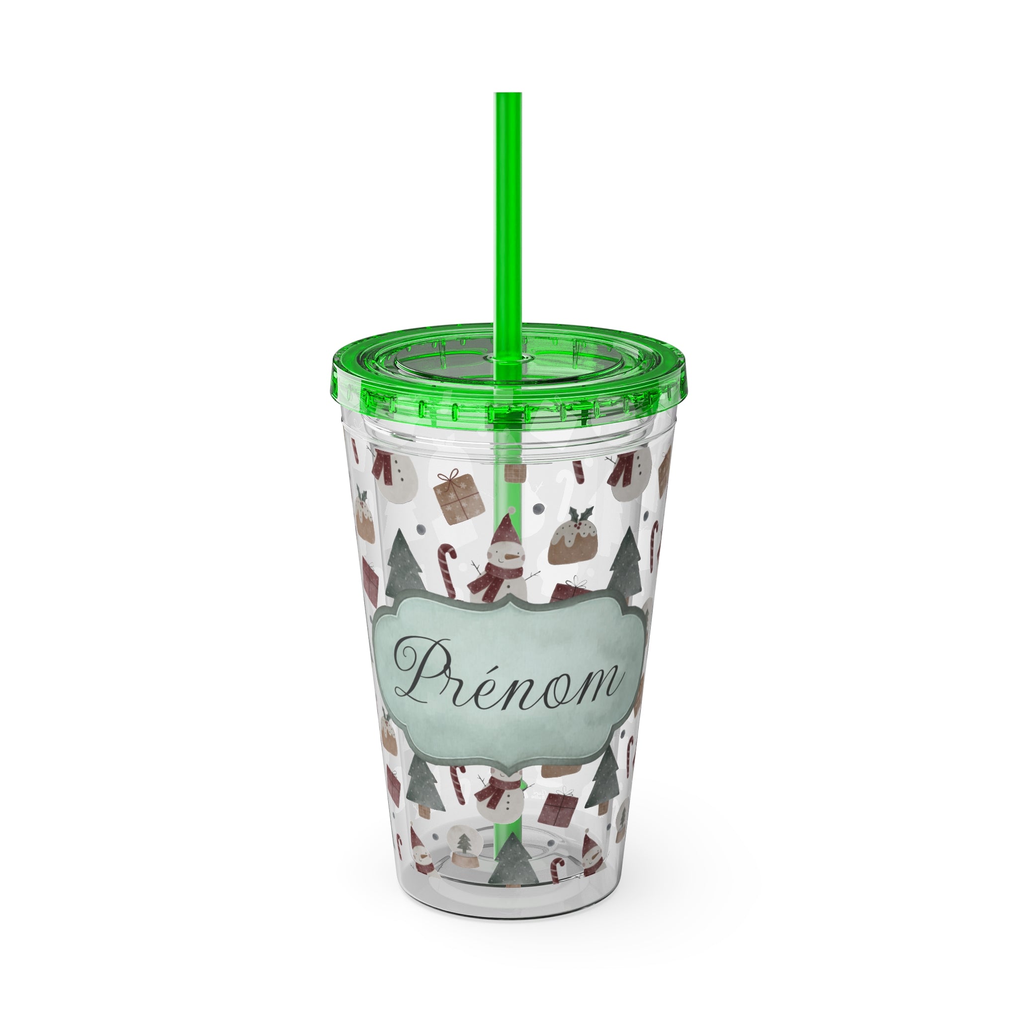 TUMBLER PERSONNALISABLE | Gourde Motif Noël avec ton prénom | Gobelet avec paille - 450 ml (16 oz)