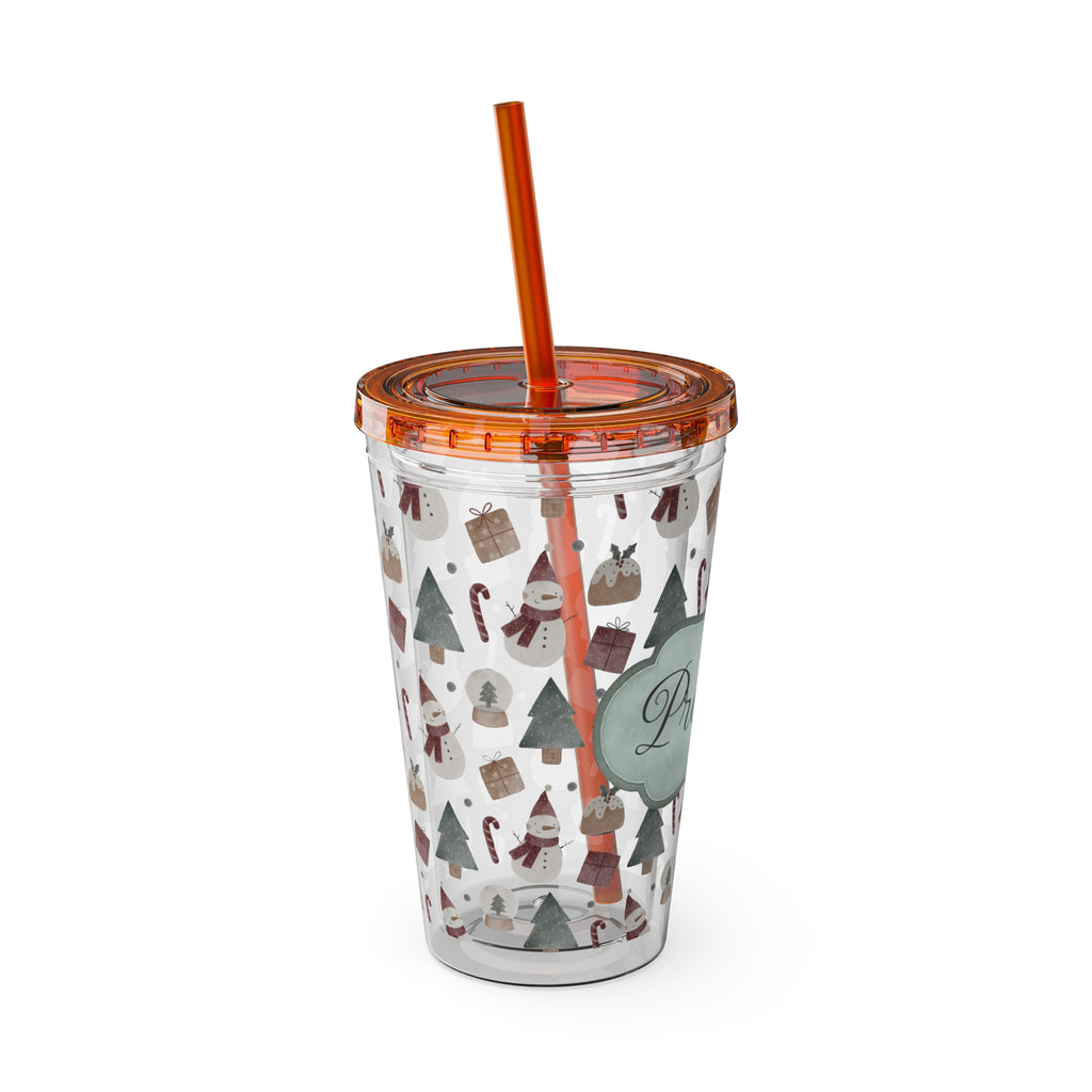 TUMBLER PERSONNALISABLE | Gourde Motif Noël avec ton prénom | Gobelet avec paille - 450 ml (16 oz)