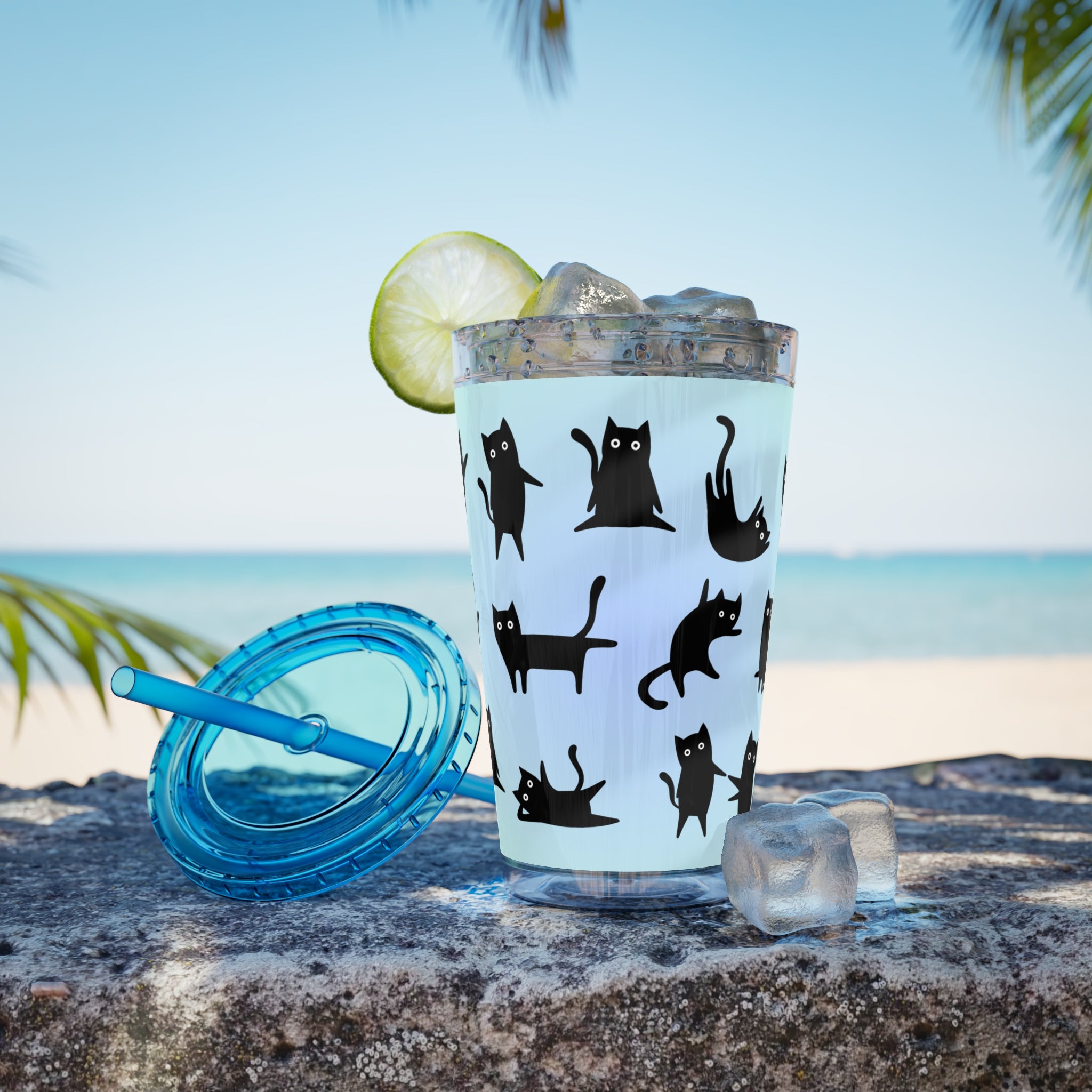 TUMBLER CHATS NOIRS | Gourde Motif Chats Noirs | Gobelet avec paille - 450 ml (16 oz)