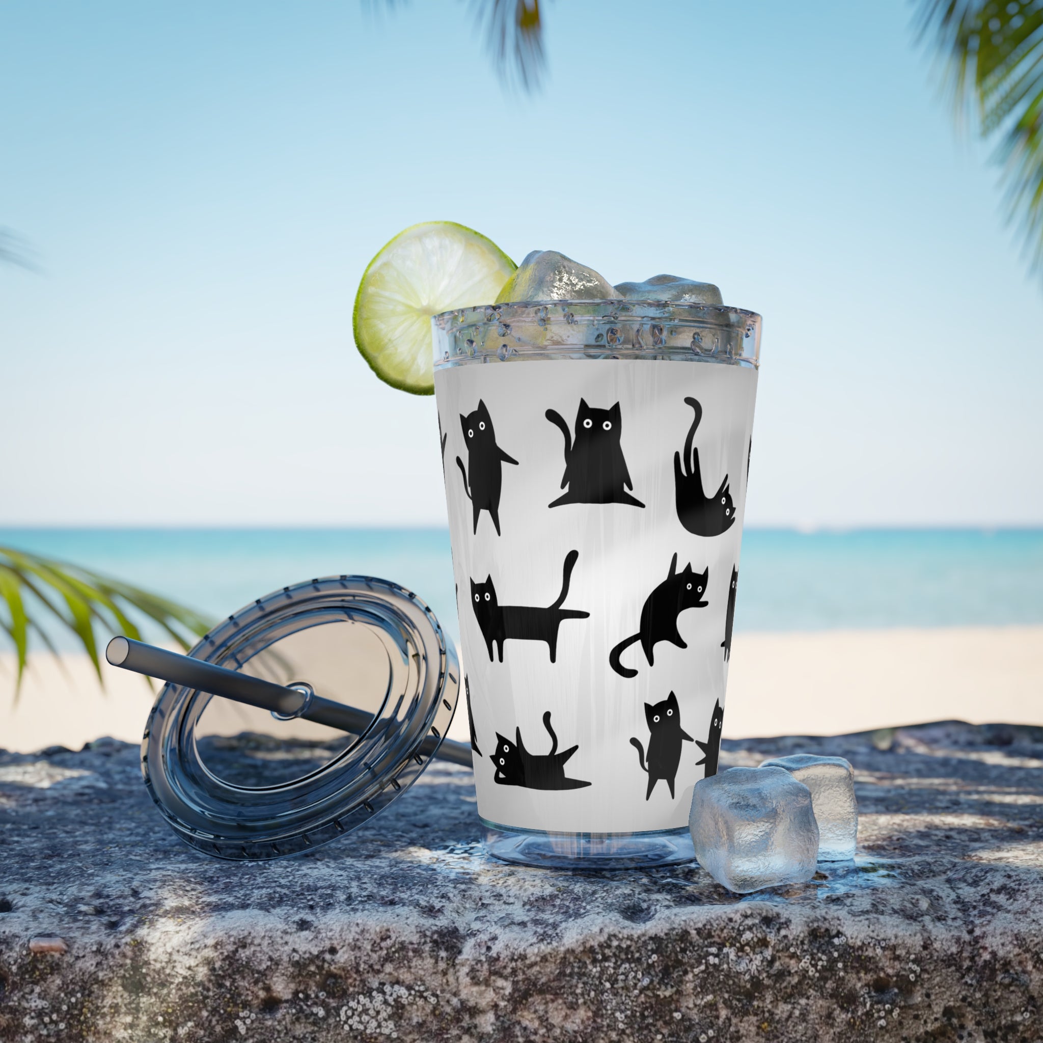 TUMBLER CHATS NOIRS | Gourde Motif Chats Noirs | Gobelet avec paille - 450 ml (16 oz)