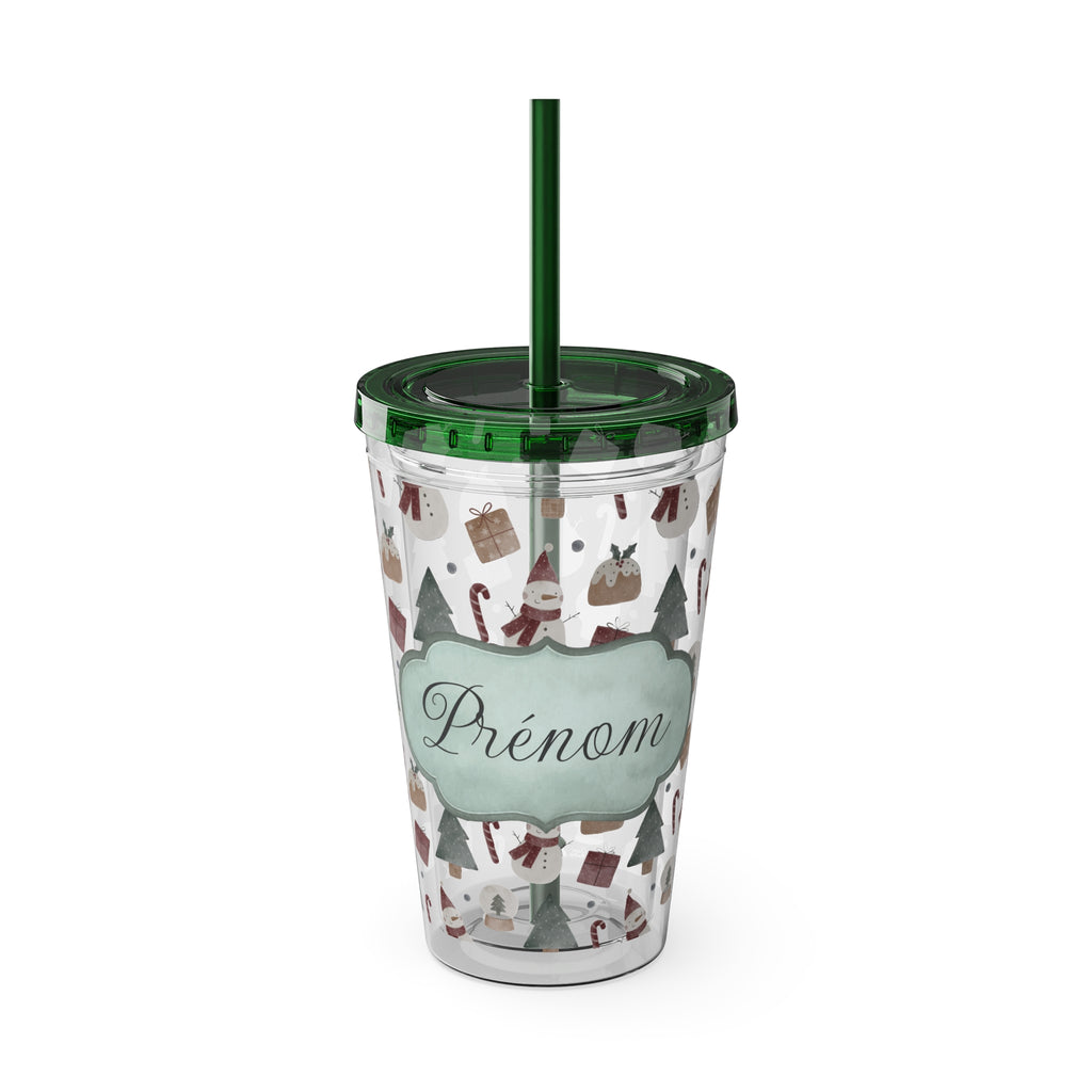 TUMBLER PERSONNALISABLE | Gourde Motif Noël avec ton prénom | Gobelet avec paille - 450 ml (16 oz)