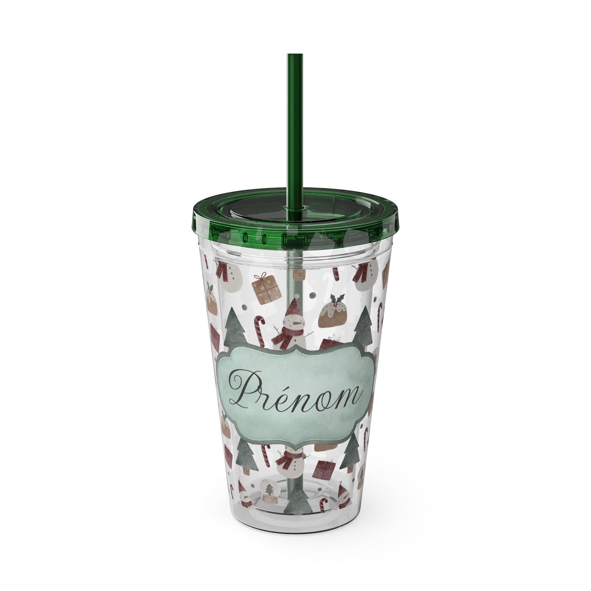 TUMBLER PERSONNALISABLE | Gourde Motif Noël avec ton prénom | Gobelet avec paille - 450 ml (16 oz)