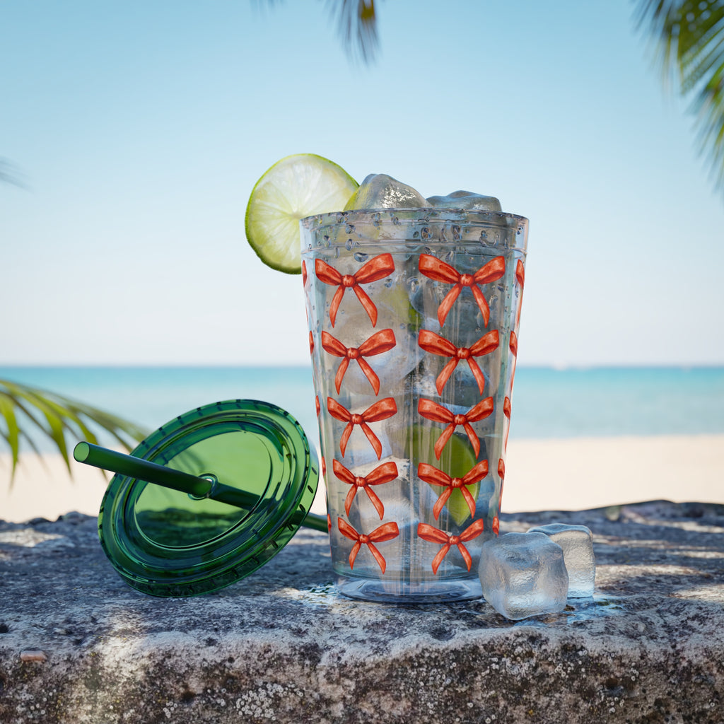 TUMBLER NOEUDS ROUGES | Gourde Motif Noeuds Rouges | Gobelet avec paille - 450 ml (16 oz)
