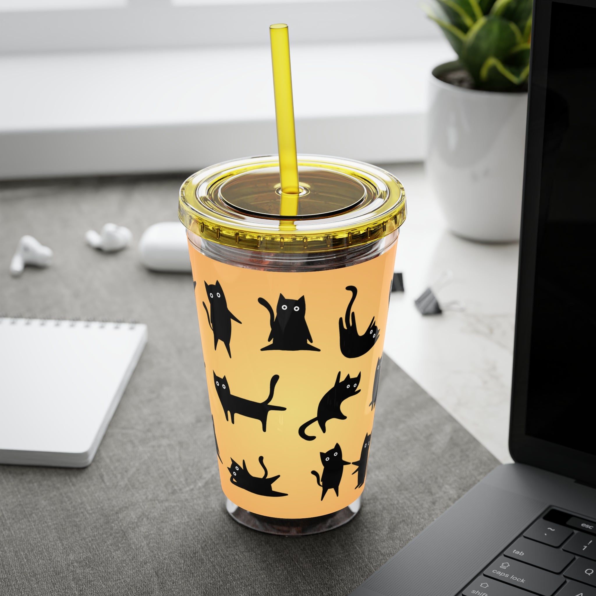 TUMBLER CHATS NOIRS | Gourde Motif Chats Noirs | Gobelet avec paille - 450 ml (16 oz)
