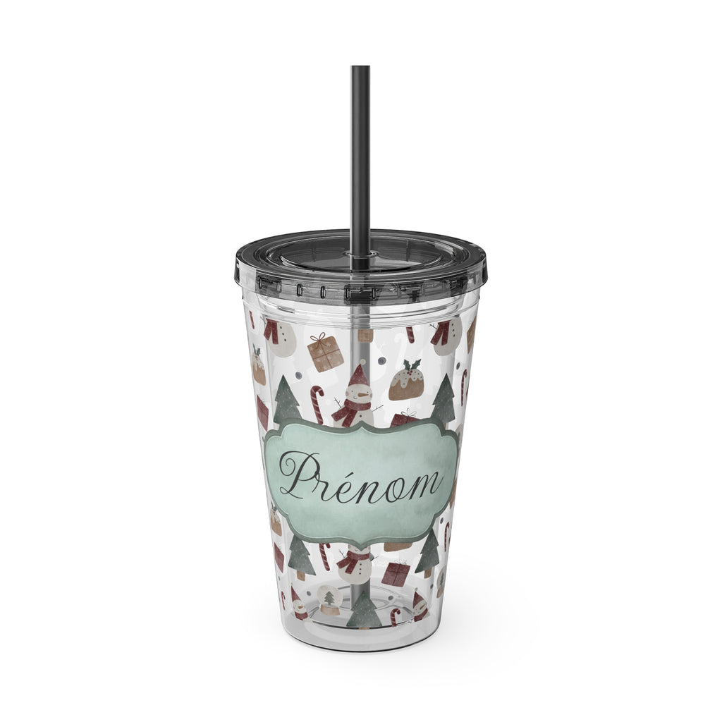 TUMBLER PERSONNALISABLE | Gourde Motif Noël avec ton prénom | Gobelet avec paille - 450 ml (16 oz)