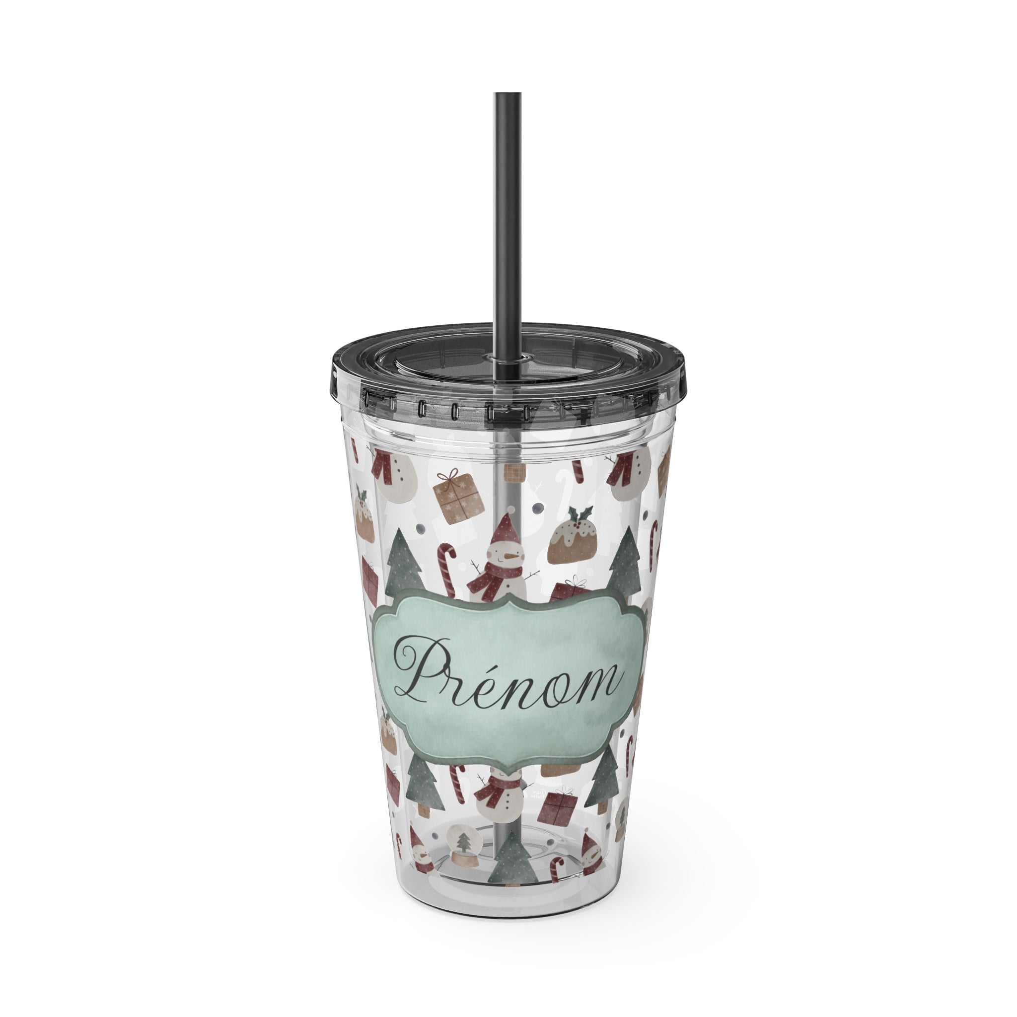 TUMBLER PERSONNALISABLE | Gourde Motif Noël avec ton prénom | Gobelet avec paille - 450 ml (16 oz)