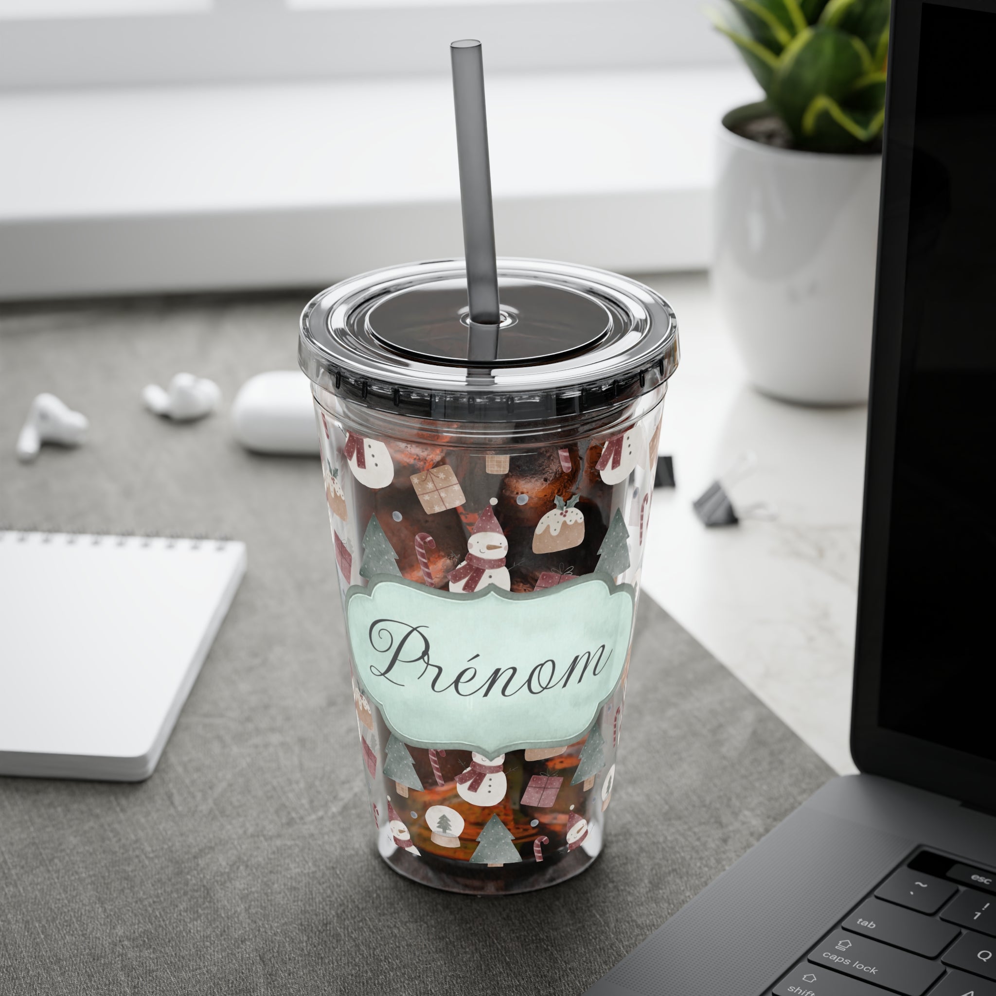 TUMBLER PERSONNALISABLE | Gourde Motif Noël avec ton prénom | Gobelet avec paille - 450 ml (16 oz)