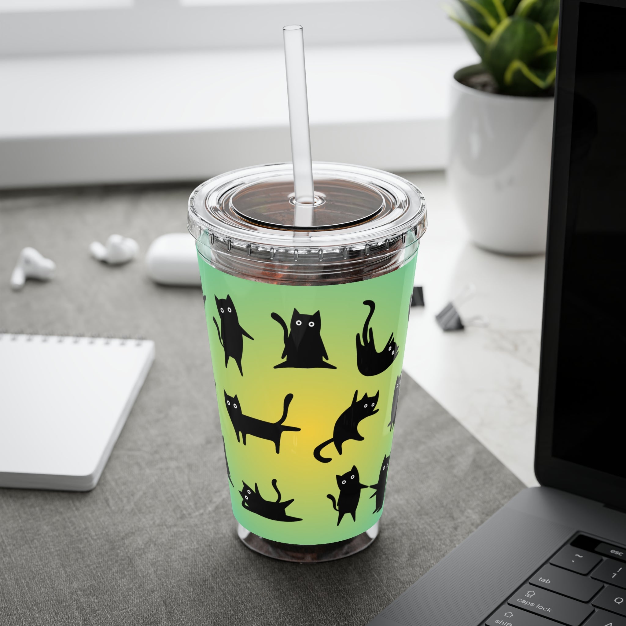 TUMBLER CHATS NOIRS | Gourde Motif Chats Noirs | Gobelet avec paille - 450 ml (16 oz)
