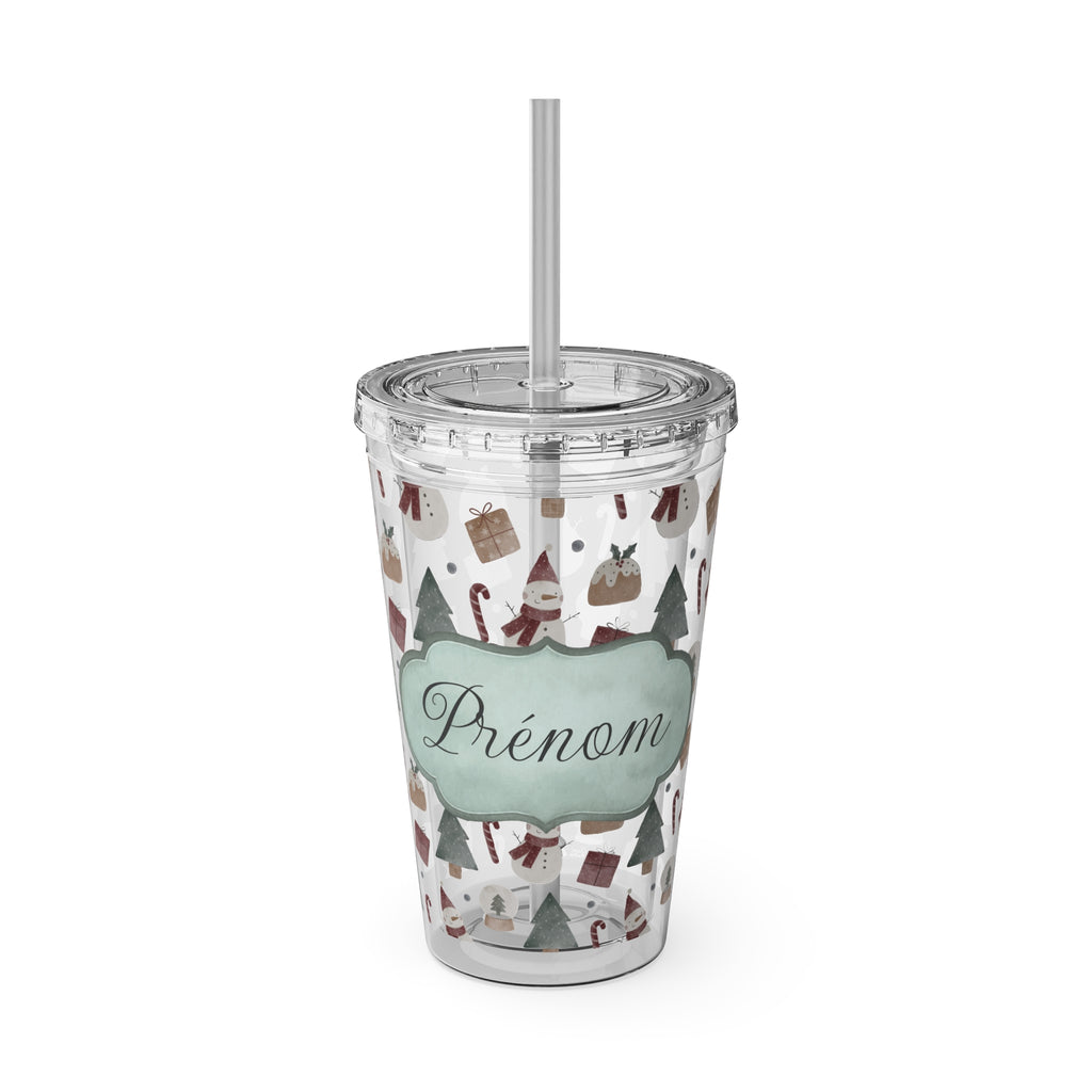 TUMBLER PERSONNALISABLE | Gourde Motif Noël avec ton prénom | Gobelet avec paille - 450 ml (16 oz)