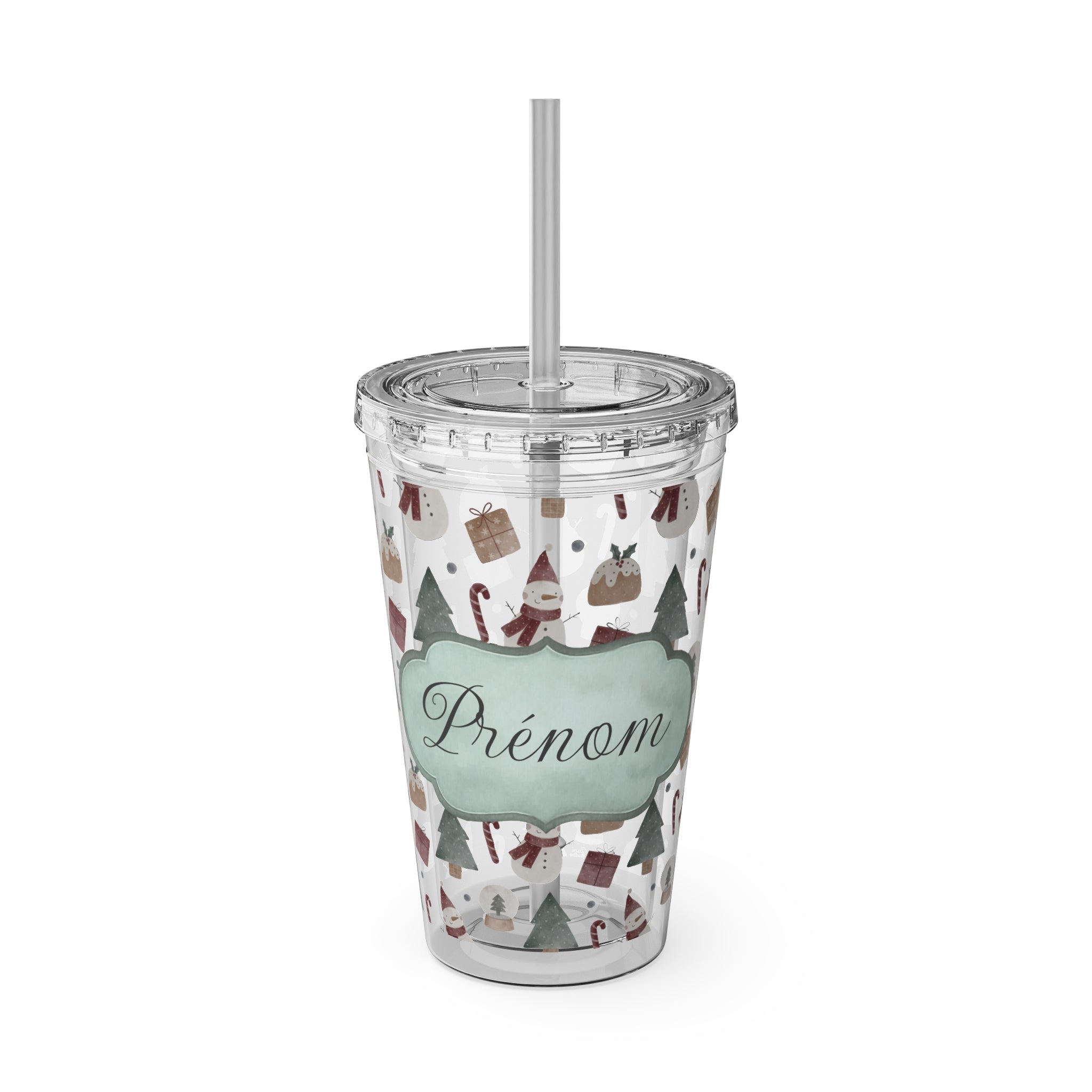TUMBLER PERSONNALISABLE | Gourde Motif Noël avec ton prénom | Gobelet avec paille - 450 ml (16 oz)