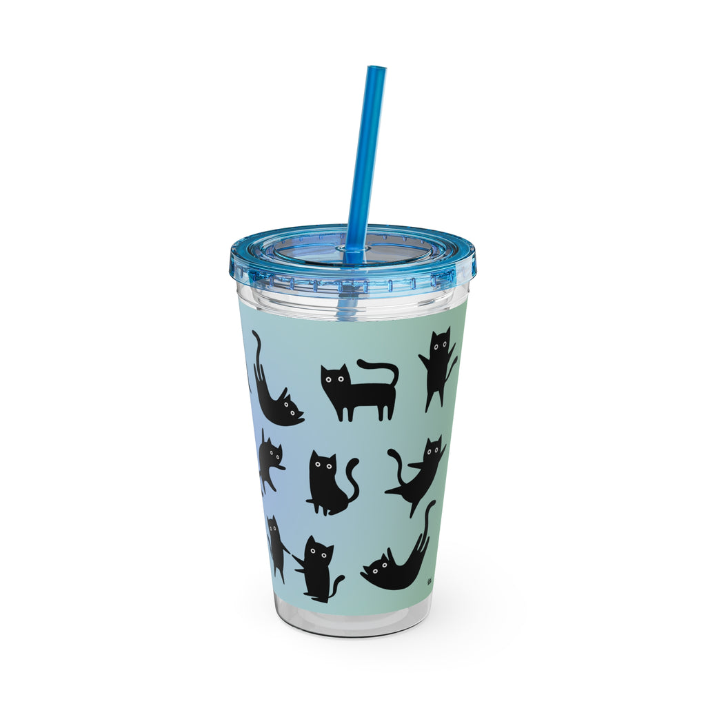 TUMBLER CHATS NOIRS | Gourde Motif Chats Noirs | Gobelet avec paille - 450 ml (16 oz)