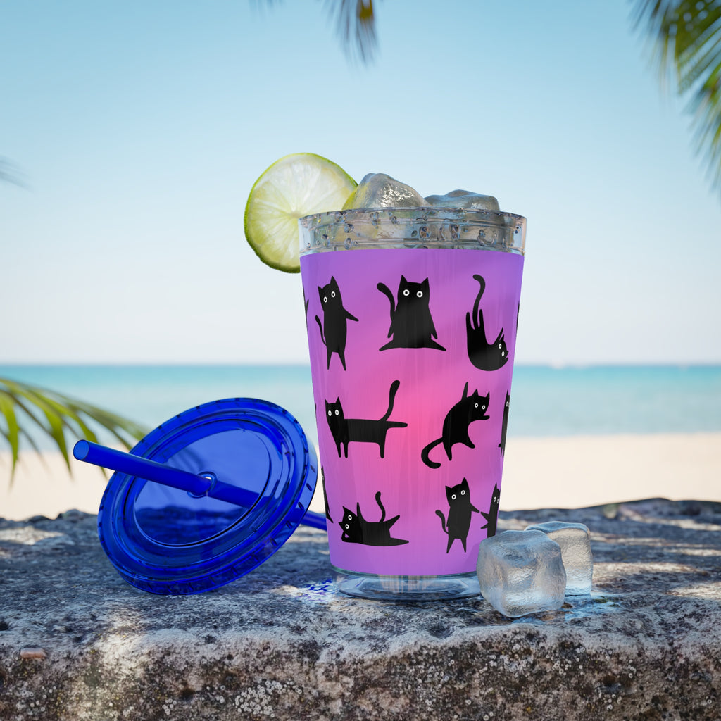 TUMBLER CHATS NOIRS | Gourde Motif Chats Noirs | Gobelet avec paille - 450 ml (16 oz)