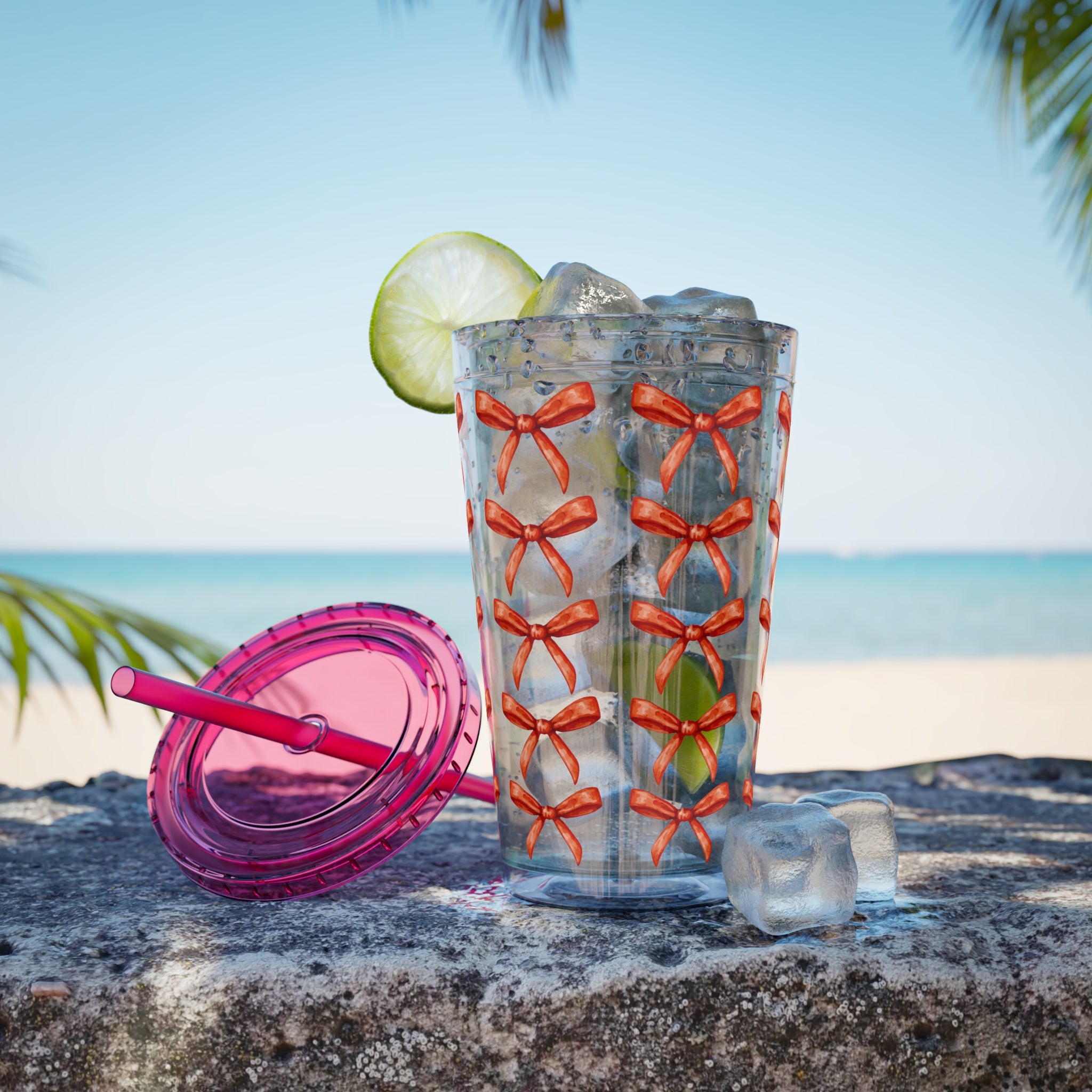 TUMBLER NOEUDS ROUGES | Gourde Motif Noeuds Rouges | Gobelet avec paille - 450 ml (16 oz)