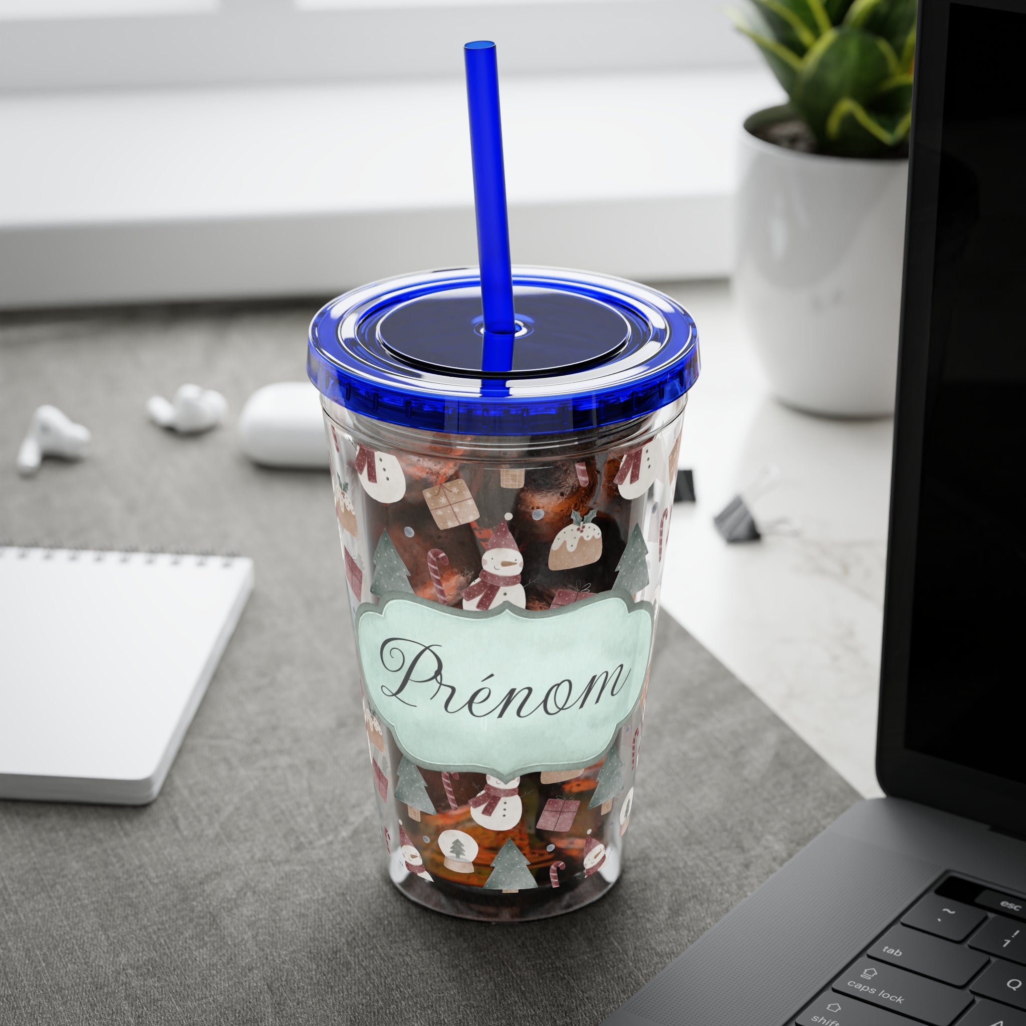 TUMBLER PERSONNALISABLE | Gourde Motif Noël avec ton prénom | Gobelet avec paille - 450 ml (16 oz)