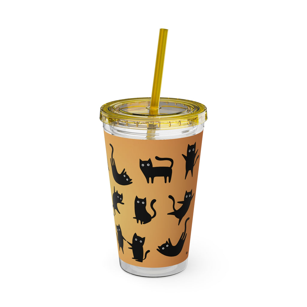 TUMBLER CHATS NOIRS | Gourde Motif Chats Noirs | Gobelet avec paille - 450 ml (16 oz)