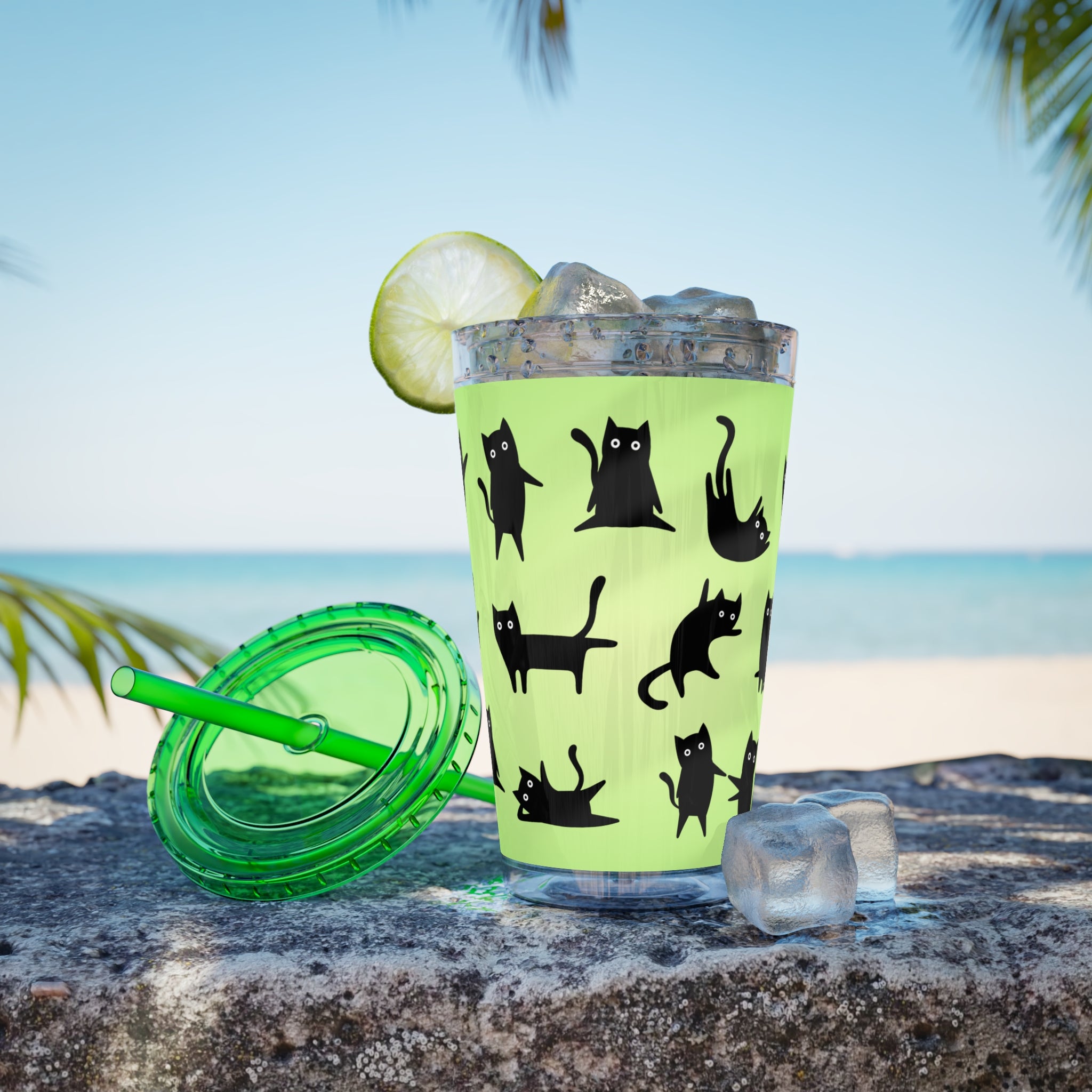 TUMBLER CHATS NOIRS | Gourde Motif Chats Noirs | Gobelet avec paille - 450 ml (16 oz)