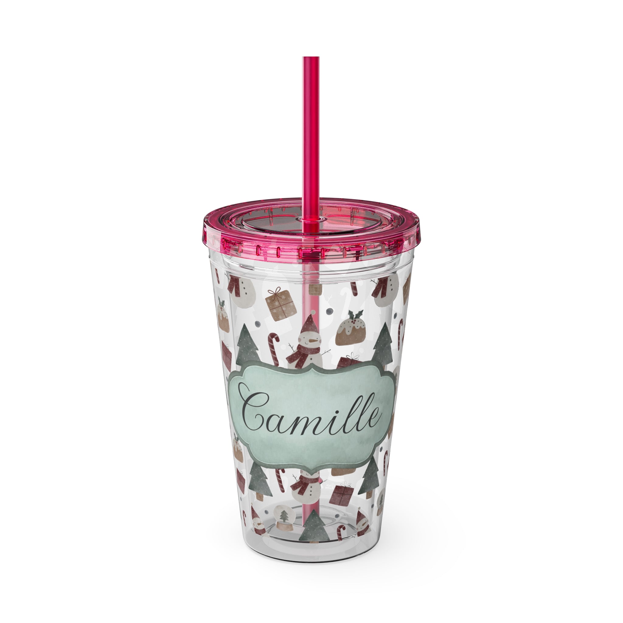 TUMBLER PERSONNALISABLE | Gourde Motif Noël avec ton prénom | Gobelet avec paille - 450 ml (16 oz)