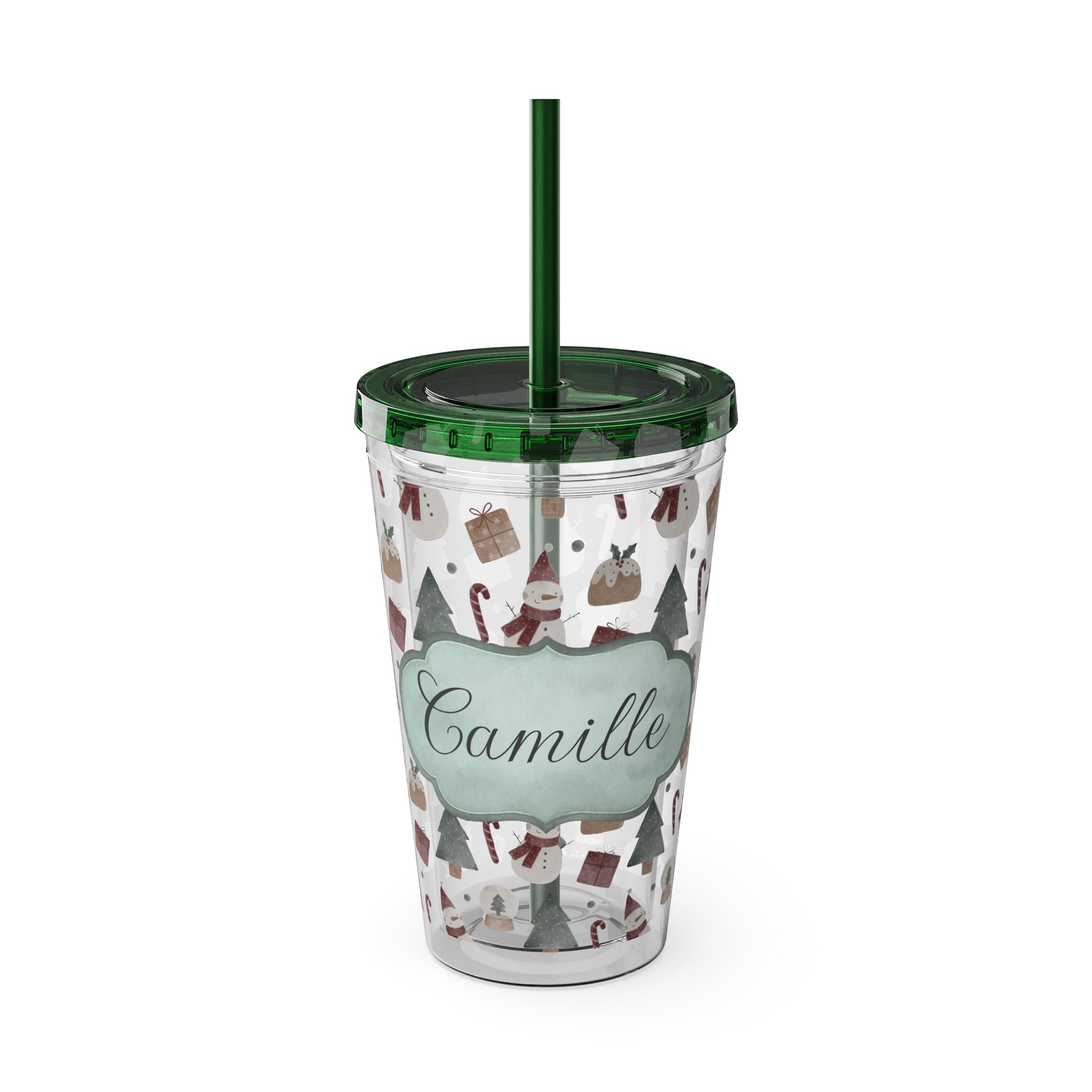 TUMBLER PERSONNALISABLE | Gourde Motif Noël avec ton prénom | Gobelet avec paille - 450 ml (16 oz)