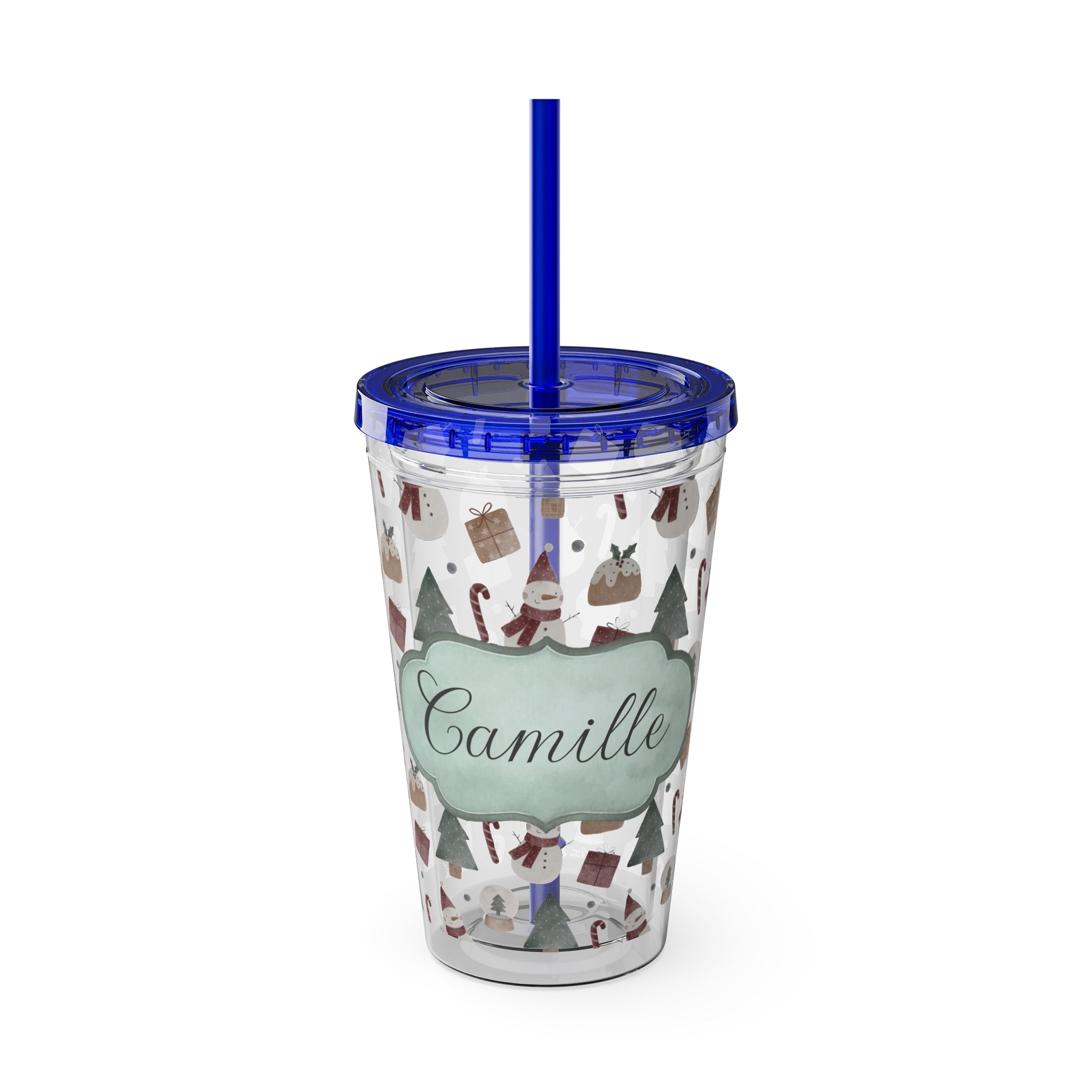 TUMBLER PERSONNALISABLE | Gourde Motif Noël avec ton prénom | Gobelet avec paille - 450 ml (16 oz)
