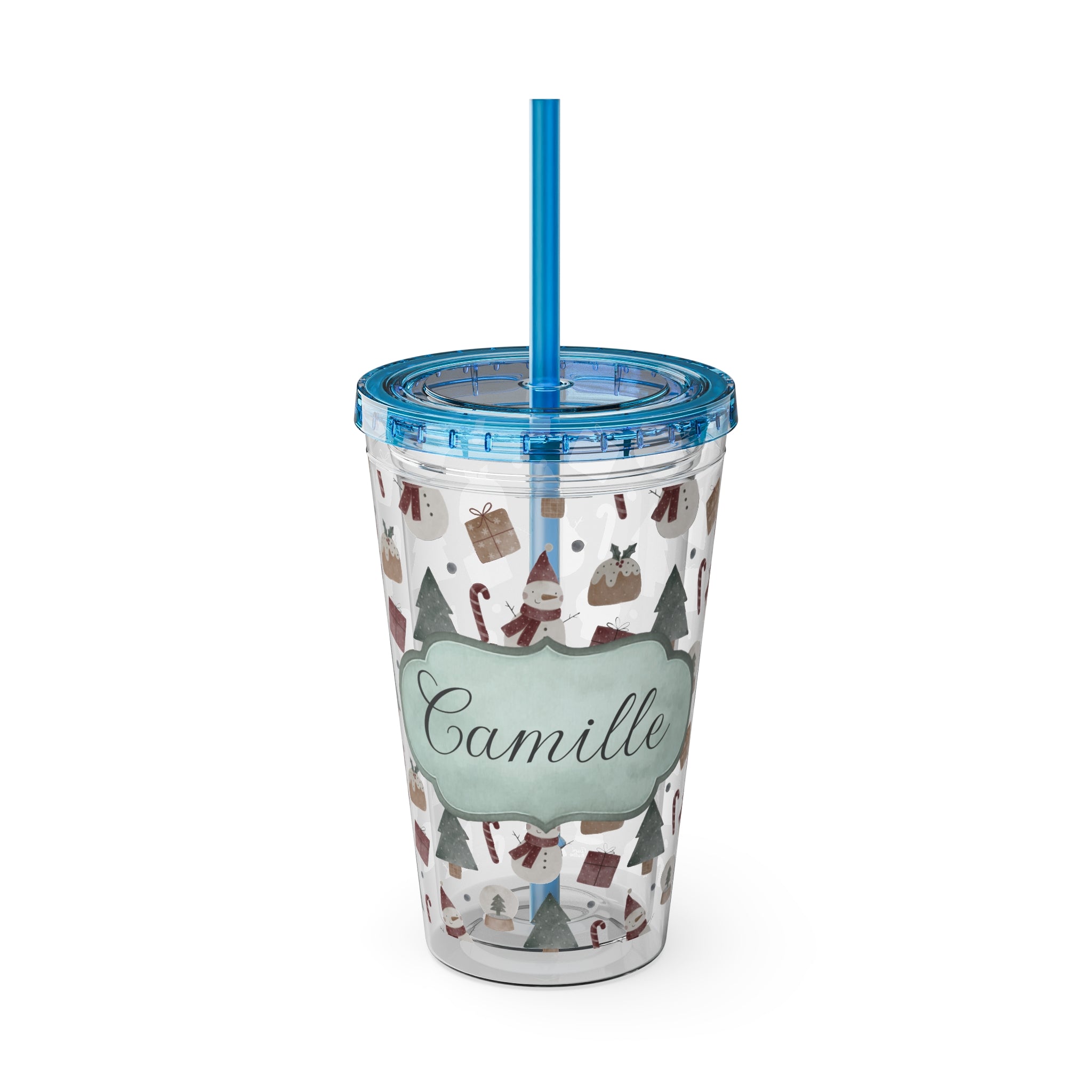 TUMBLER PERSONNALISABLE | Gourde Motif Noël avec ton prénom | Gobelet avec paille - 450 ml (16 oz)