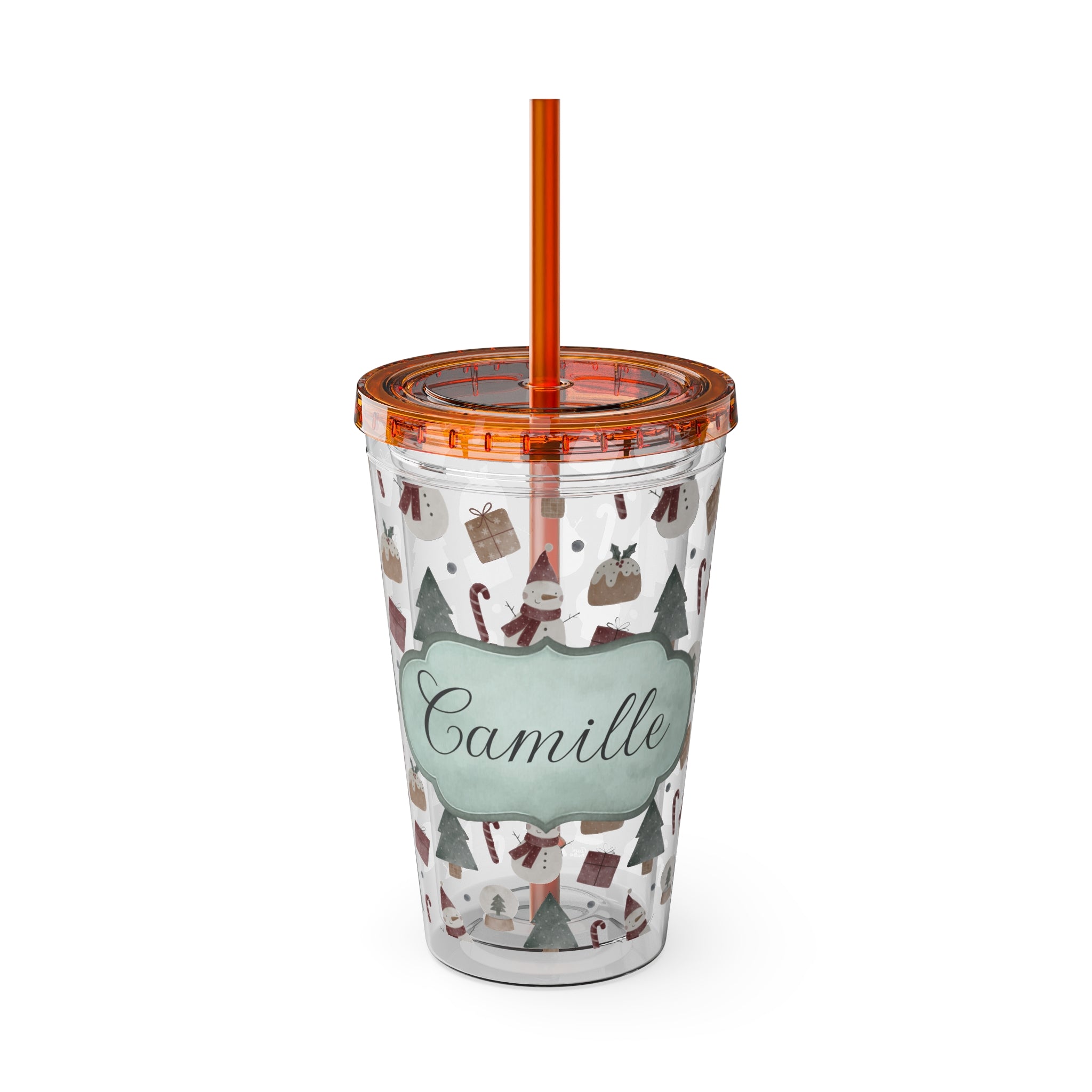 TUMBLER PERSONNALISABLE | Gourde Motif Noël avec ton prénom | Gobelet avec paille - 450 ml (16 oz)