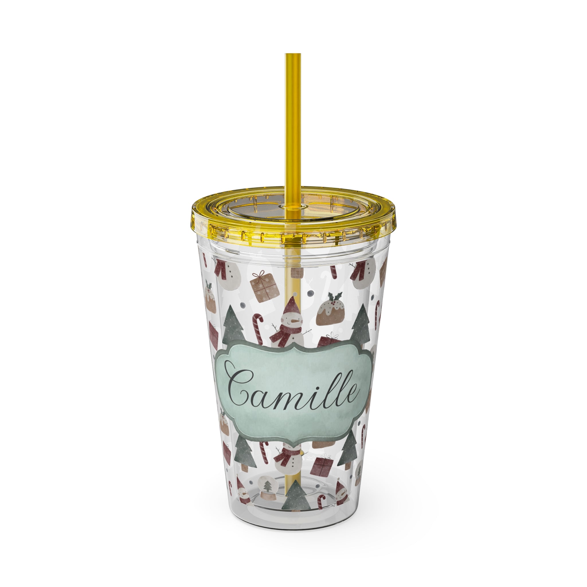 TUMBLER PERSONNALISABLE | Gourde Motif Noël avec ton prénom | Gobelet avec paille - 450 ml (16 oz)