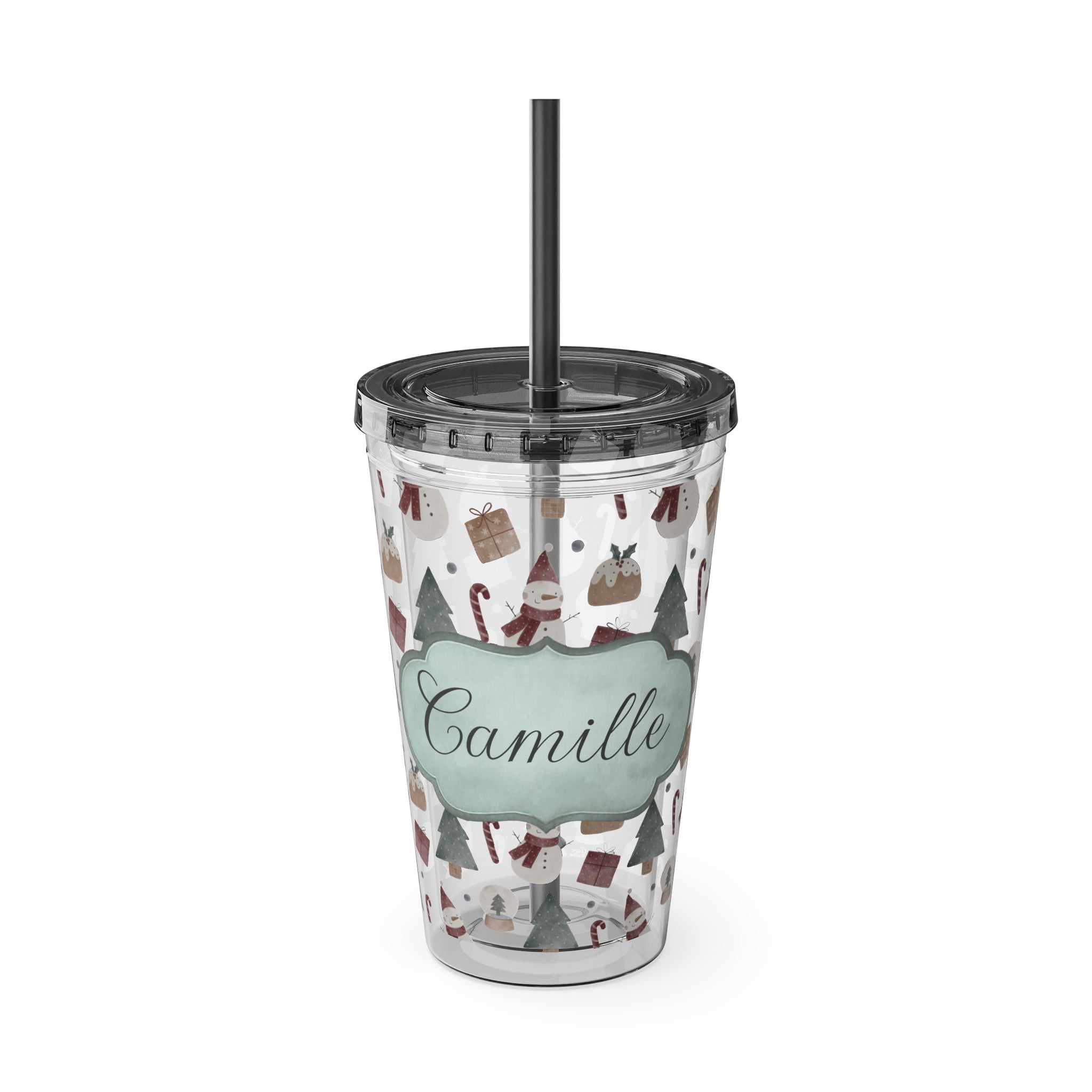 TUMBLER PERSONNALISABLE | Gourde Motif Noël avec ton prénom | Gobelet avec paille - 450 ml (16 oz)