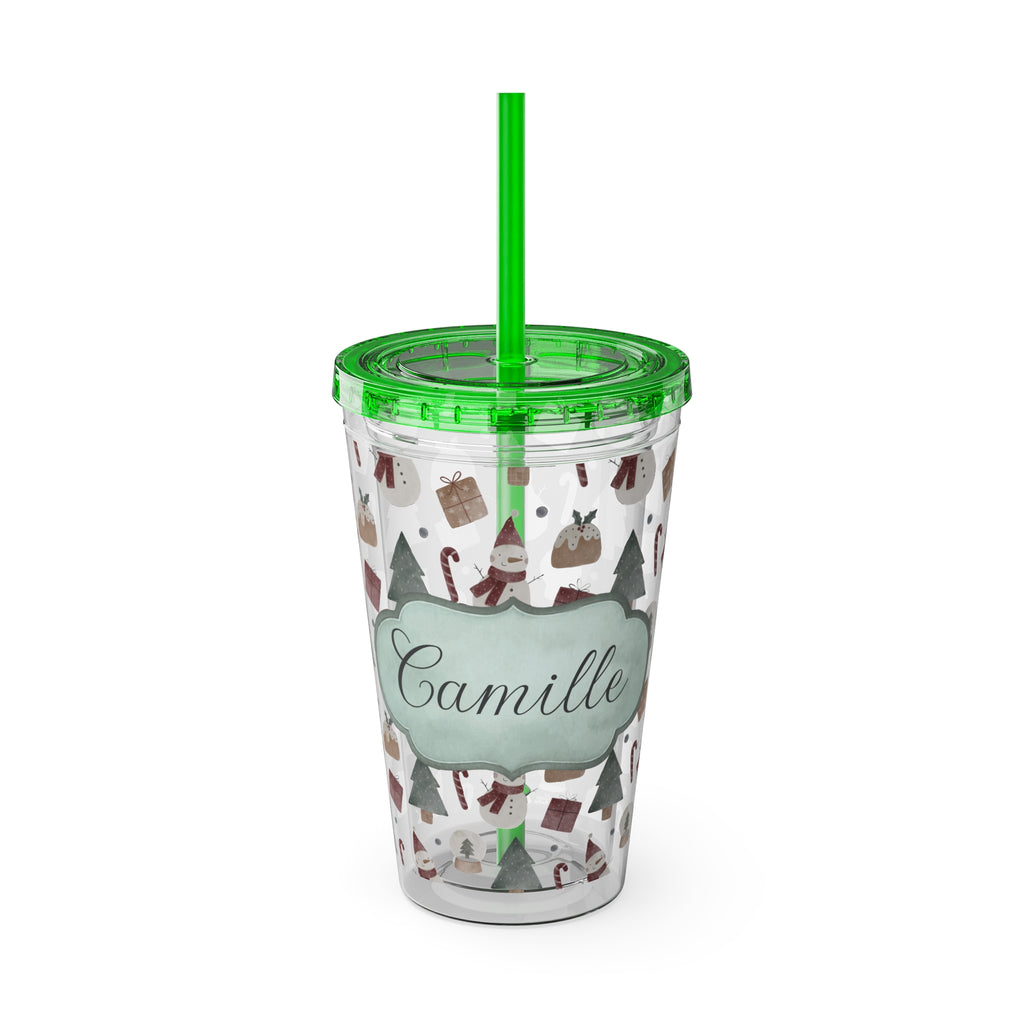 TUMBLER PERSONNALISABLE | Gourde Motif Noël avec ton prénom | Gobelet avec paille - 450 ml (16 oz)