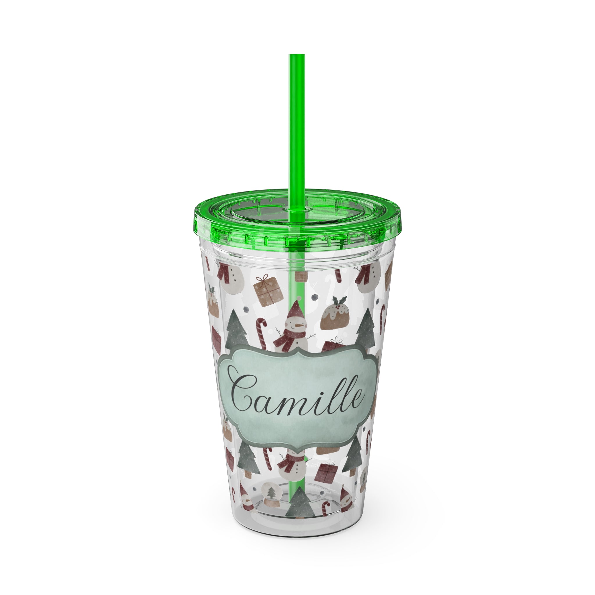 TUMBLER PERSONNALISABLE | Gourde Motif Noël avec ton prénom | Gobelet avec paille - 450 ml (16 oz)