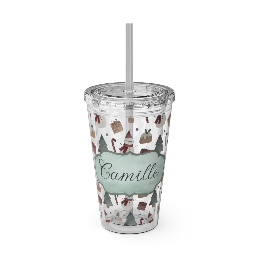 TUMBLER PERSONNALISABLE | Gourde Motif Noël avec ton prénom | Gobelet avec paille - 450 ml (16 oz)