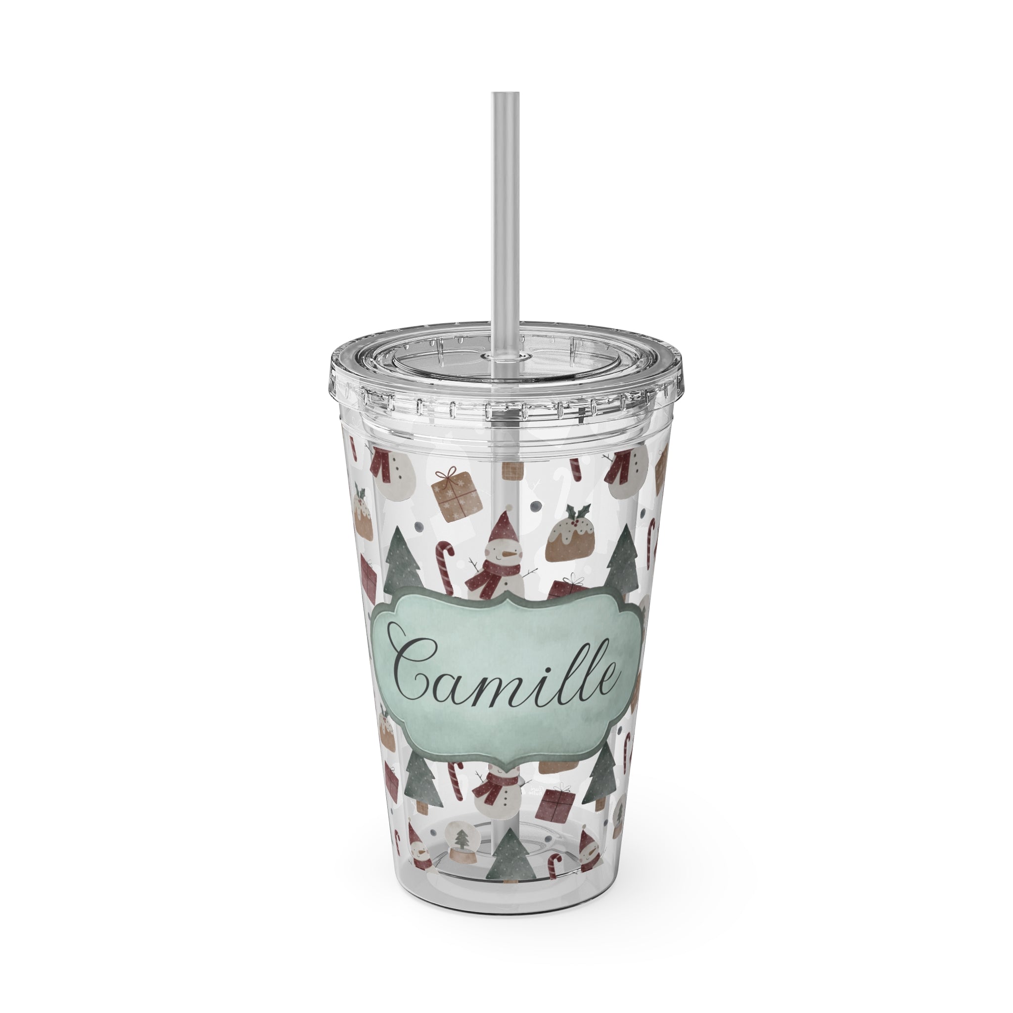 TUMBLER PERSONNALISABLE | Gourde Motif Noël avec ton prénom | Gobelet avec paille - 450 ml (16 oz)