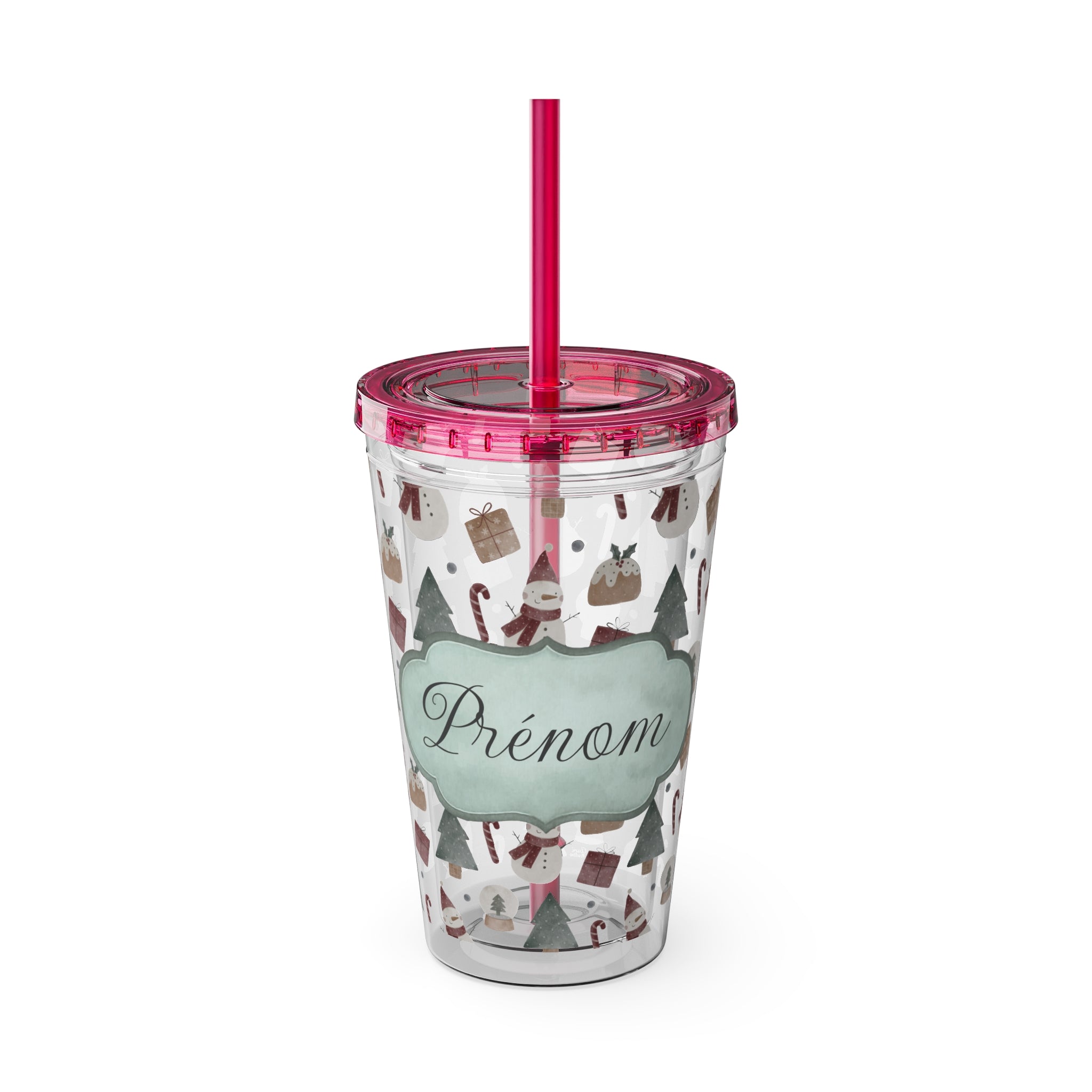 TUMBLER PERSONNALISABLE | Gourde Motif Noël avec ton prénom | Gobelet avec paille - 450 ml (16 oz)