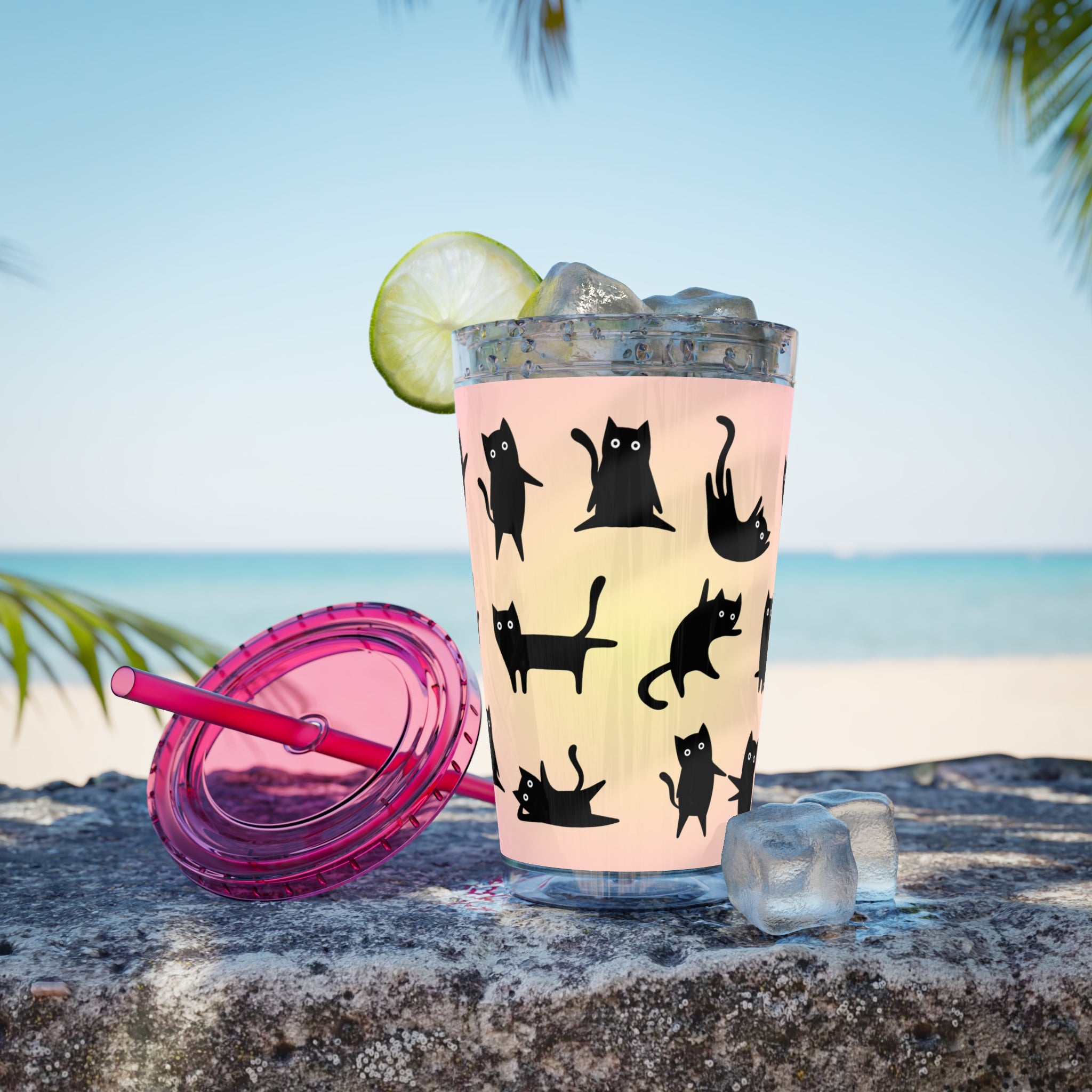 TUMBLER CHATS NOIRS | Gourde Motif Chats Noirs | Gobelet avec paille - 450 ml (16 oz)