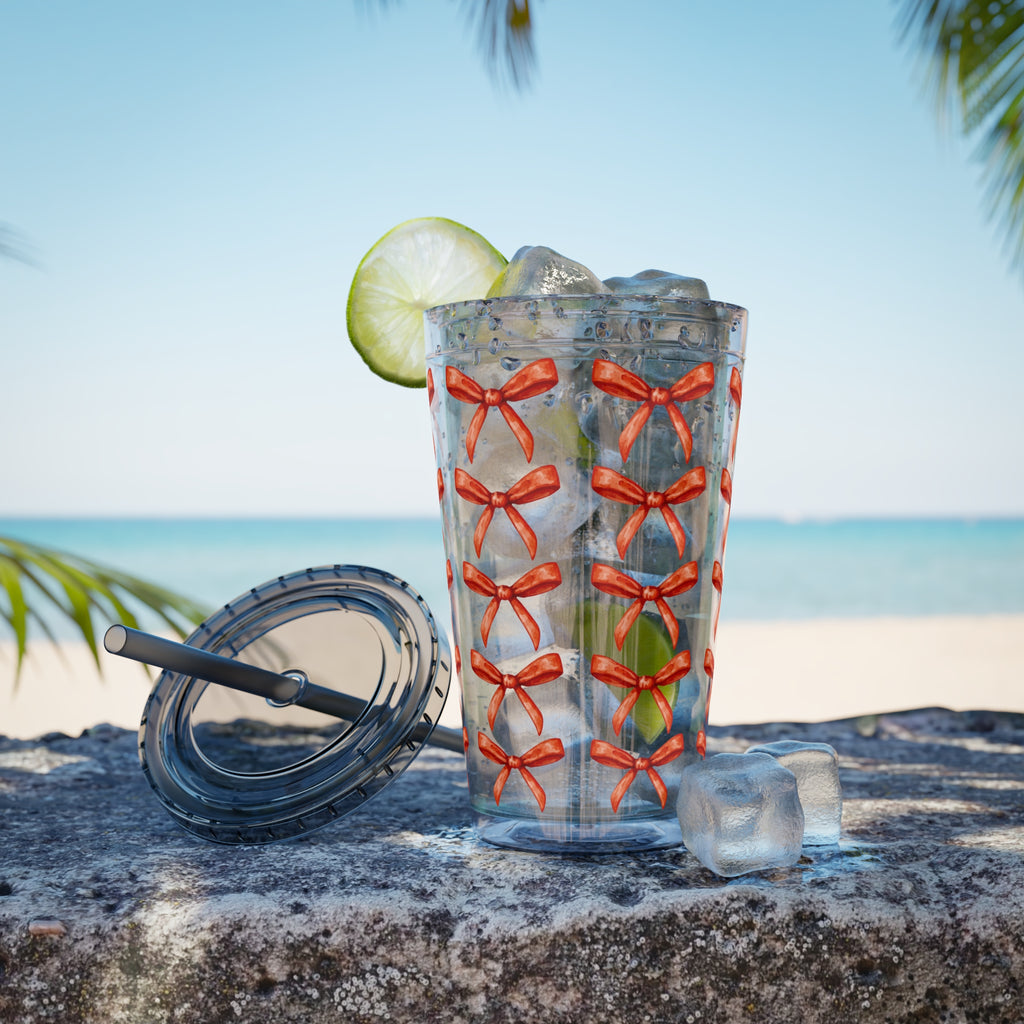 TUMBLER NOEUDS ROUGES | Gourde Motif Noeuds Rouges | Gobelet avec paille - 450 ml (16 oz)