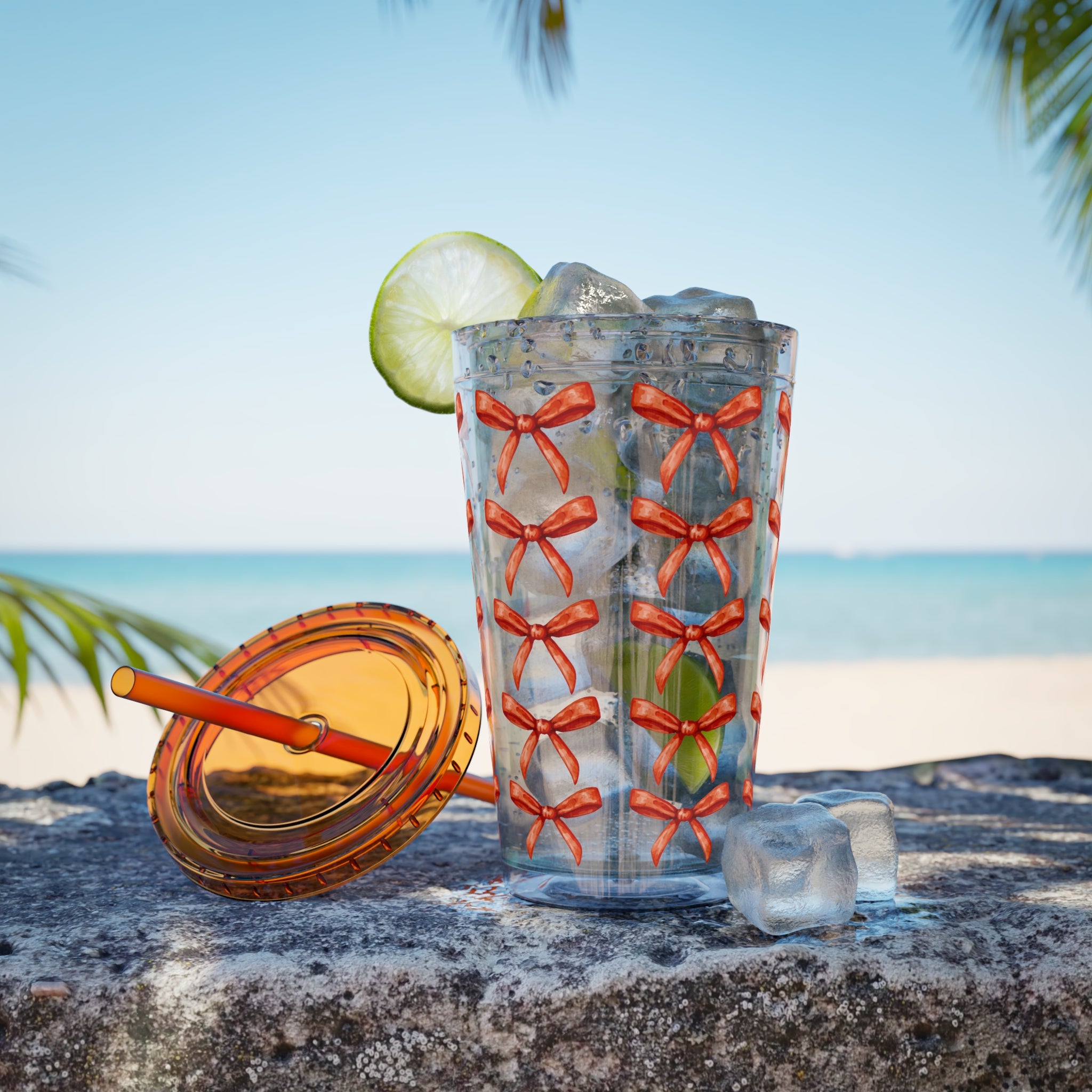 TUMBLER NOEUDS ROUGES | Gourde Motif Noeuds Rouges | Gobelet avec paille - 450 ml (16 oz)