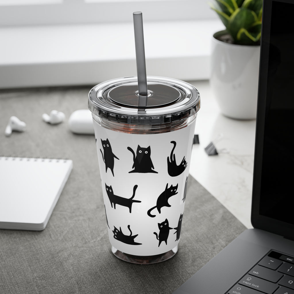 TUMBLER CHATS NOIRS | Gourde Motif Chats Noirs | Gobelet avec paille - 450 ml (16 oz)