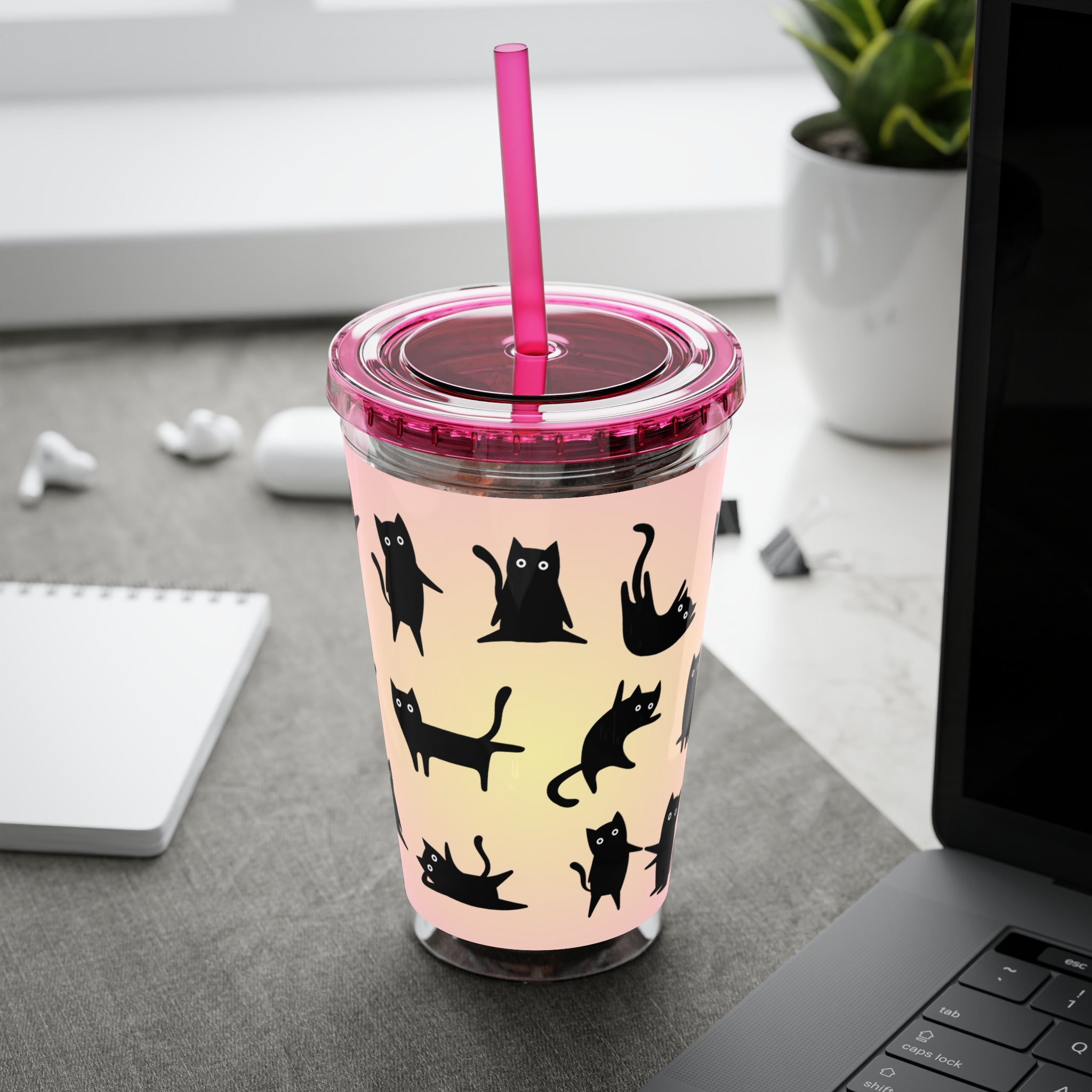 TUMBLER CHATS NOIRS | Gourde Motif Chats Noirs | Gobelet avec paille - 450 ml (16 oz)