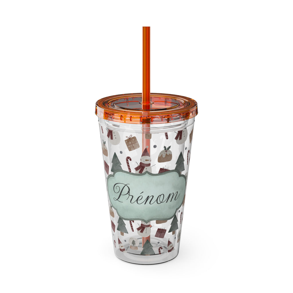 TUMBLER PERSONNALISABLE | Gourde Motif Noël avec ton prénom | Gobelet avec paille - 450 ml (16 oz)