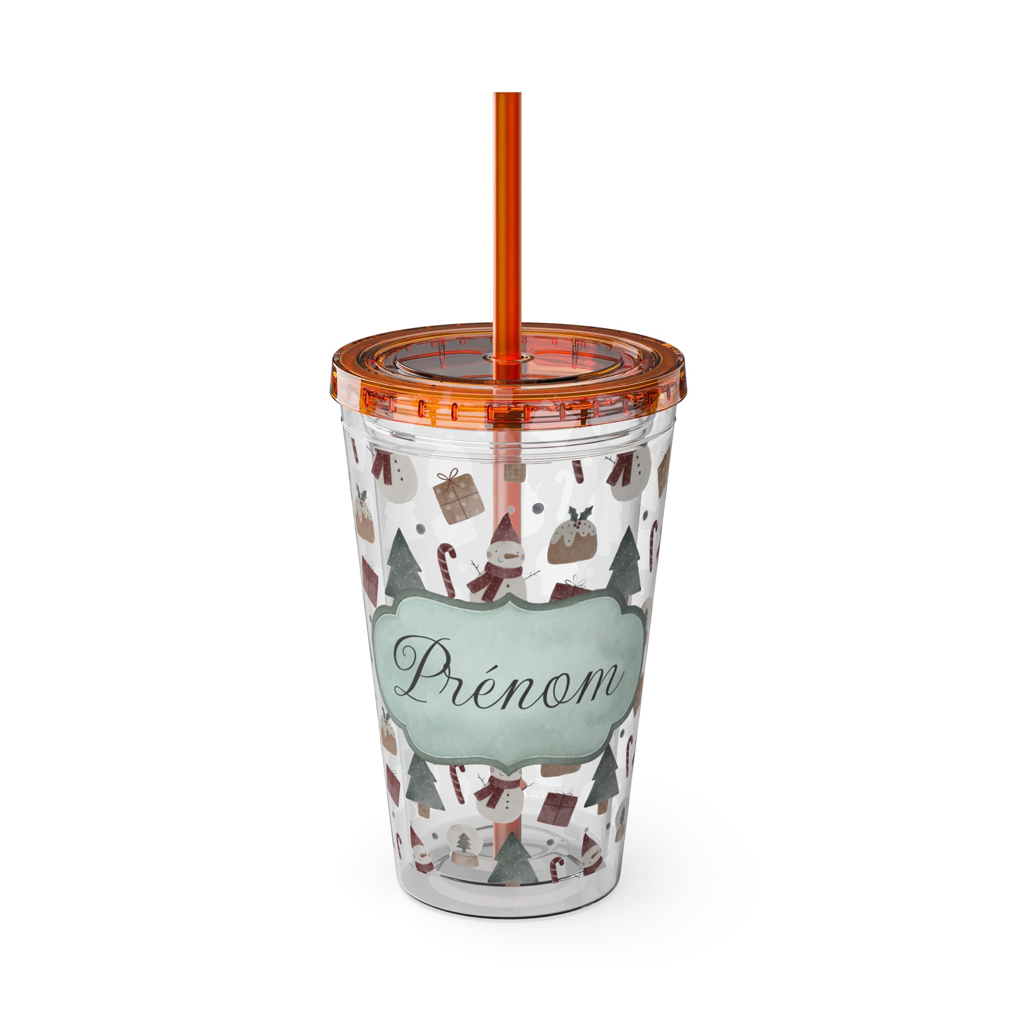 TUMBLER PERSONNALISABLE | Gourde Motif Noël avec ton prénom | Gobelet avec paille - 450 ml (16 oz)