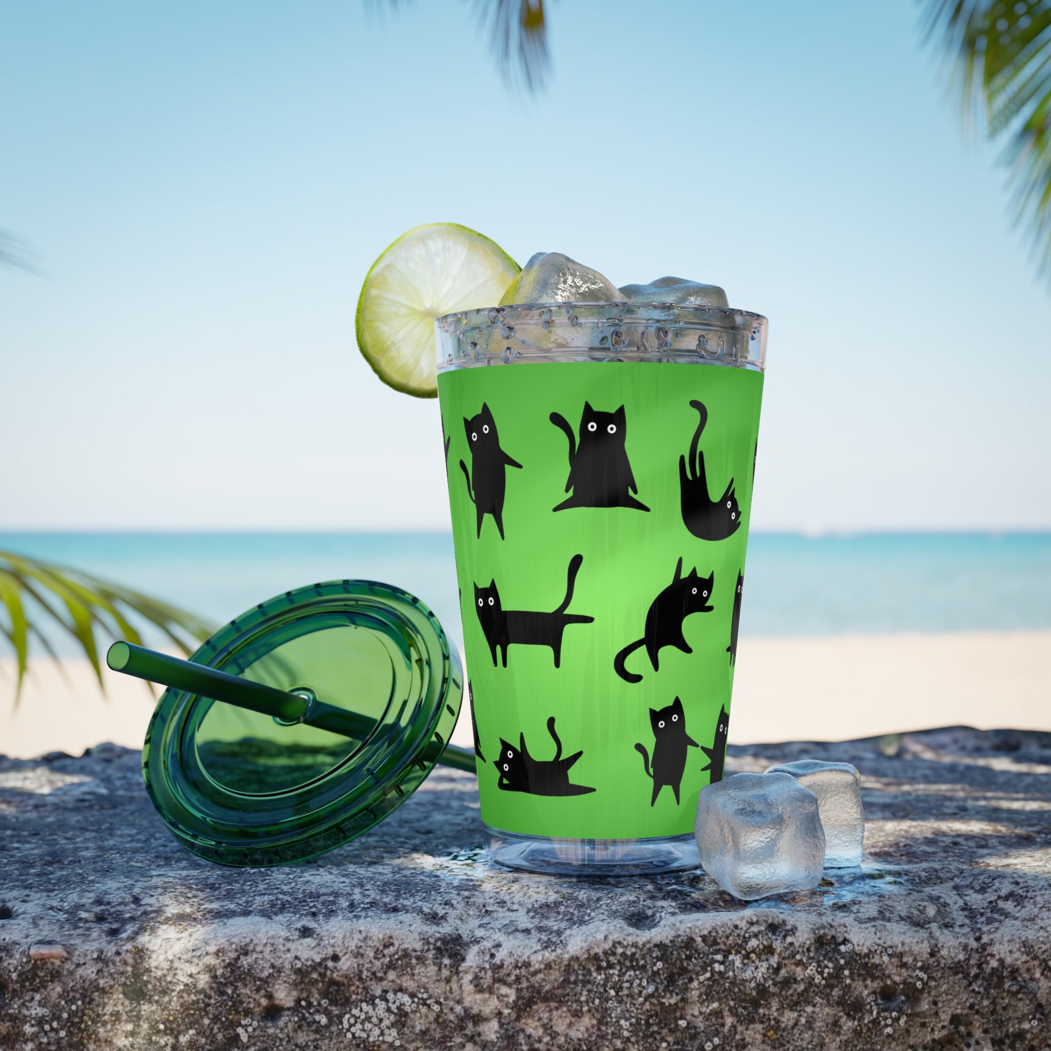 TUMBLER CHATS NOIRS | Gourde Motif Chats Noirs | Gobelet avec paille - 450 ml (16 oz)