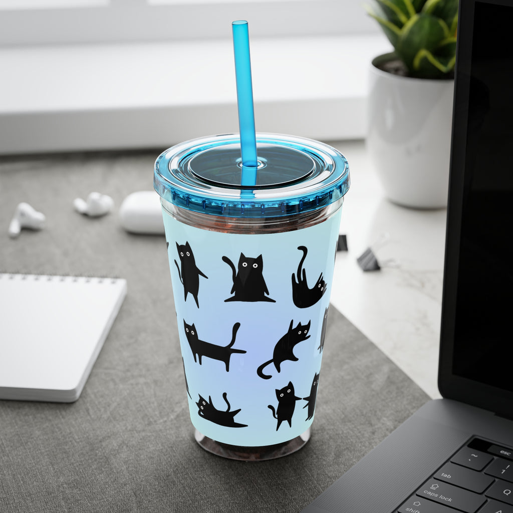 TUMBLER CHATS NOIRS | Gourde Motif Chats Noirs | Gobelet avec paille - 450 ml (16 oz)
