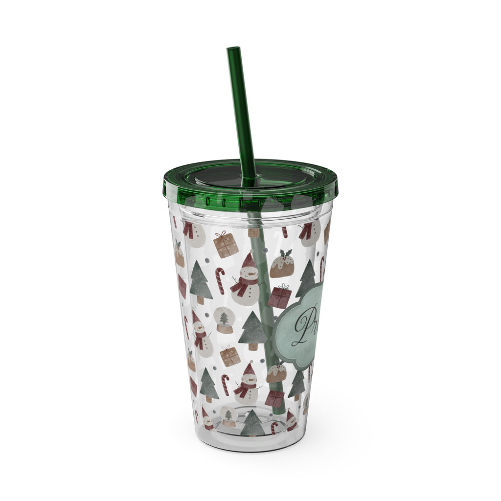TUMBLER PERSONNALISABLE | Gourde Motif Noël avec ton prénom | Gobelet avec paille - 450 ml (16 oz)